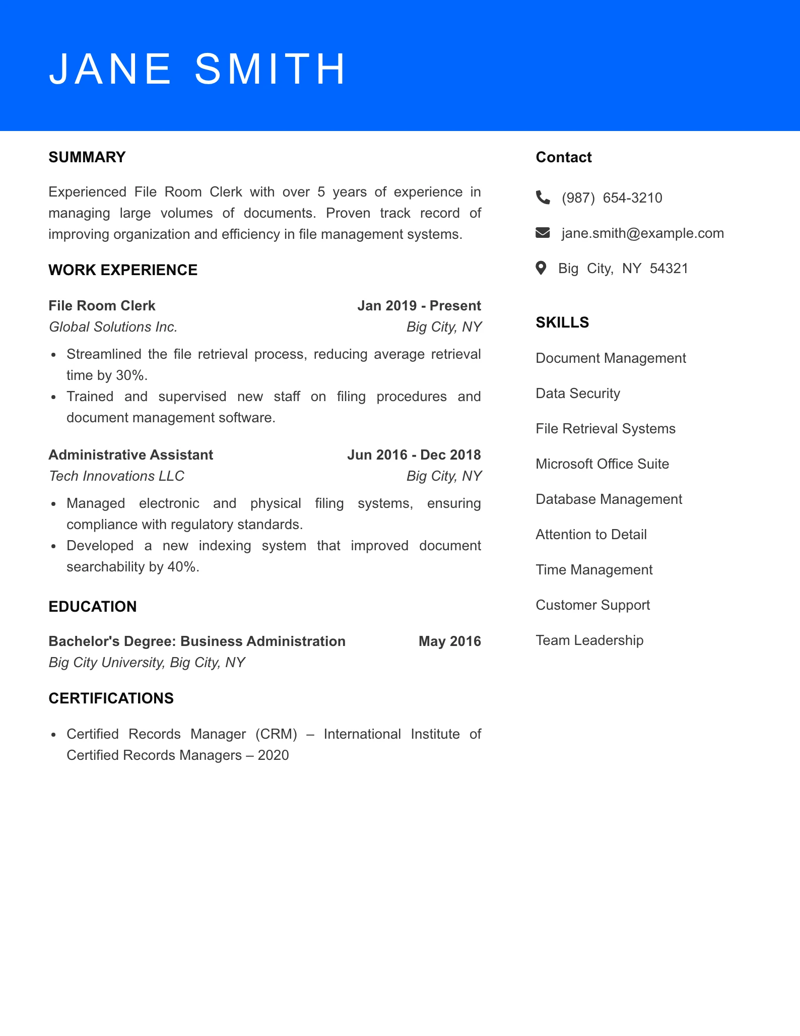 Mid Level File Room Clerk Resume Sample