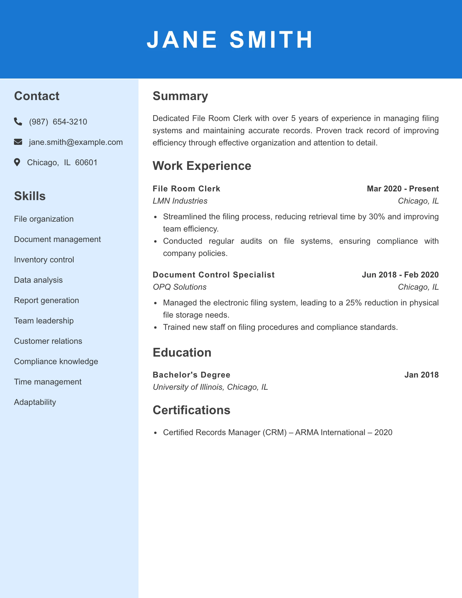 Mid Level File Room Clerk Resume Example