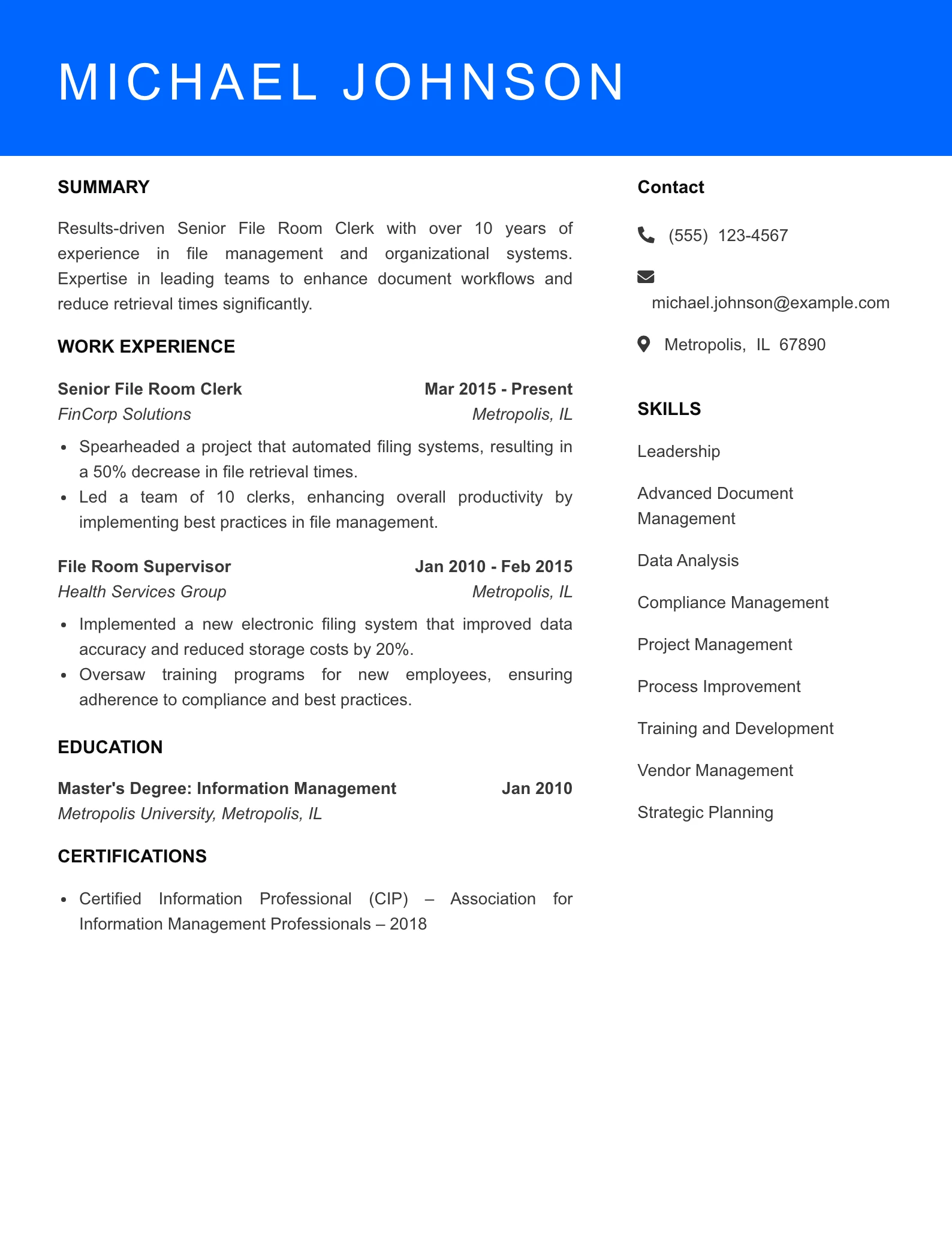 Senior Level File Room Clerk Resume Sample