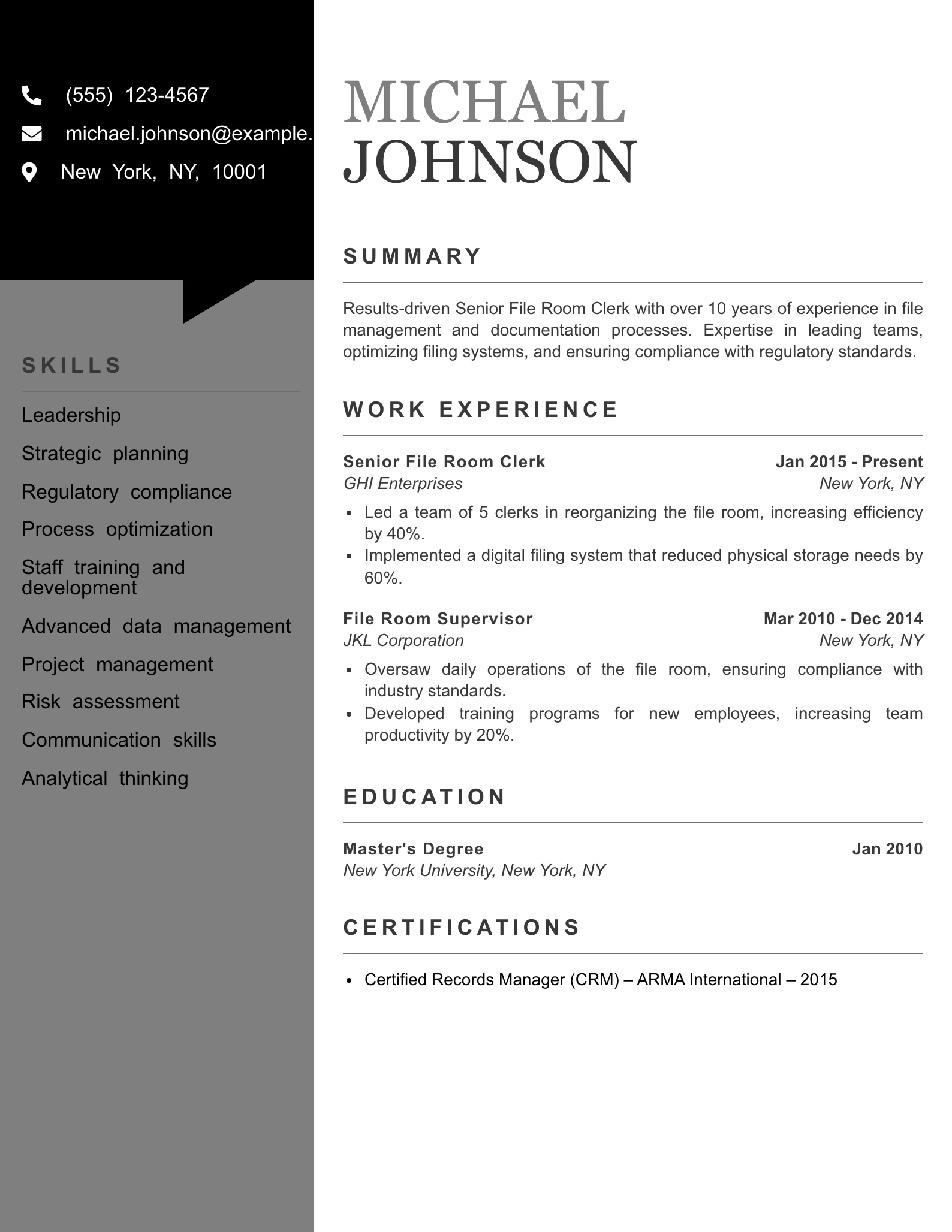 Senior Level File Room Clerk Resume Example