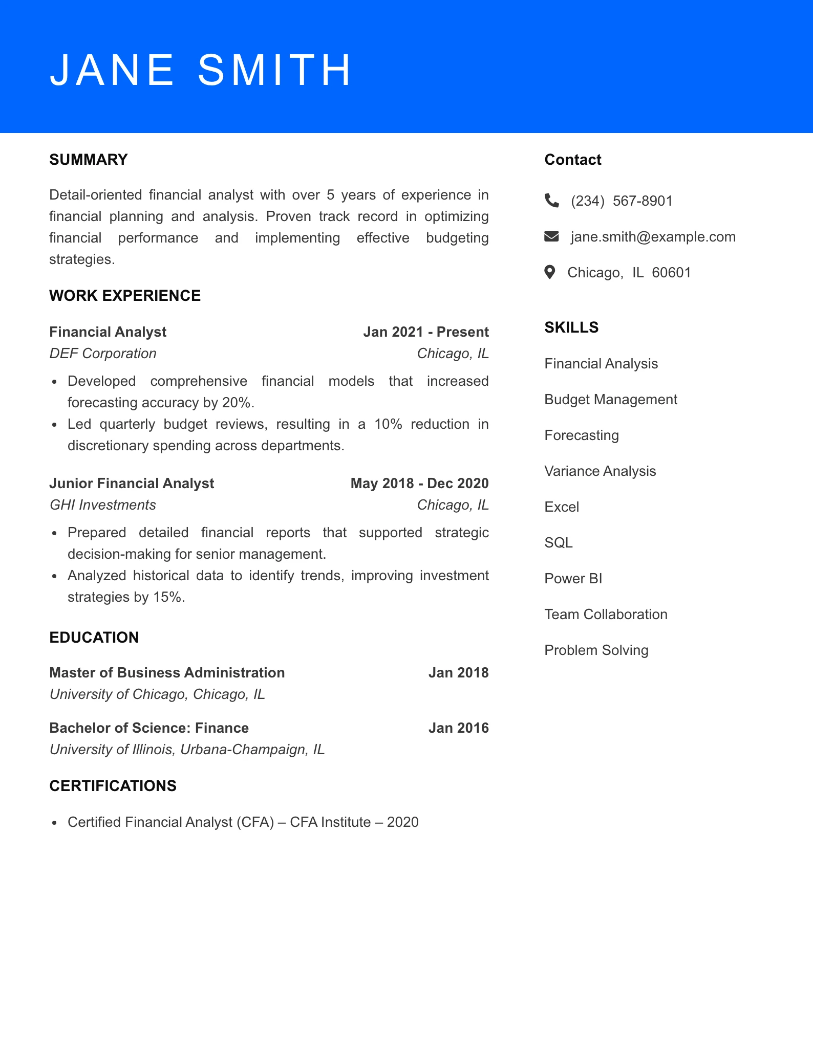 Mid Level Financial Analyst Resume Sample