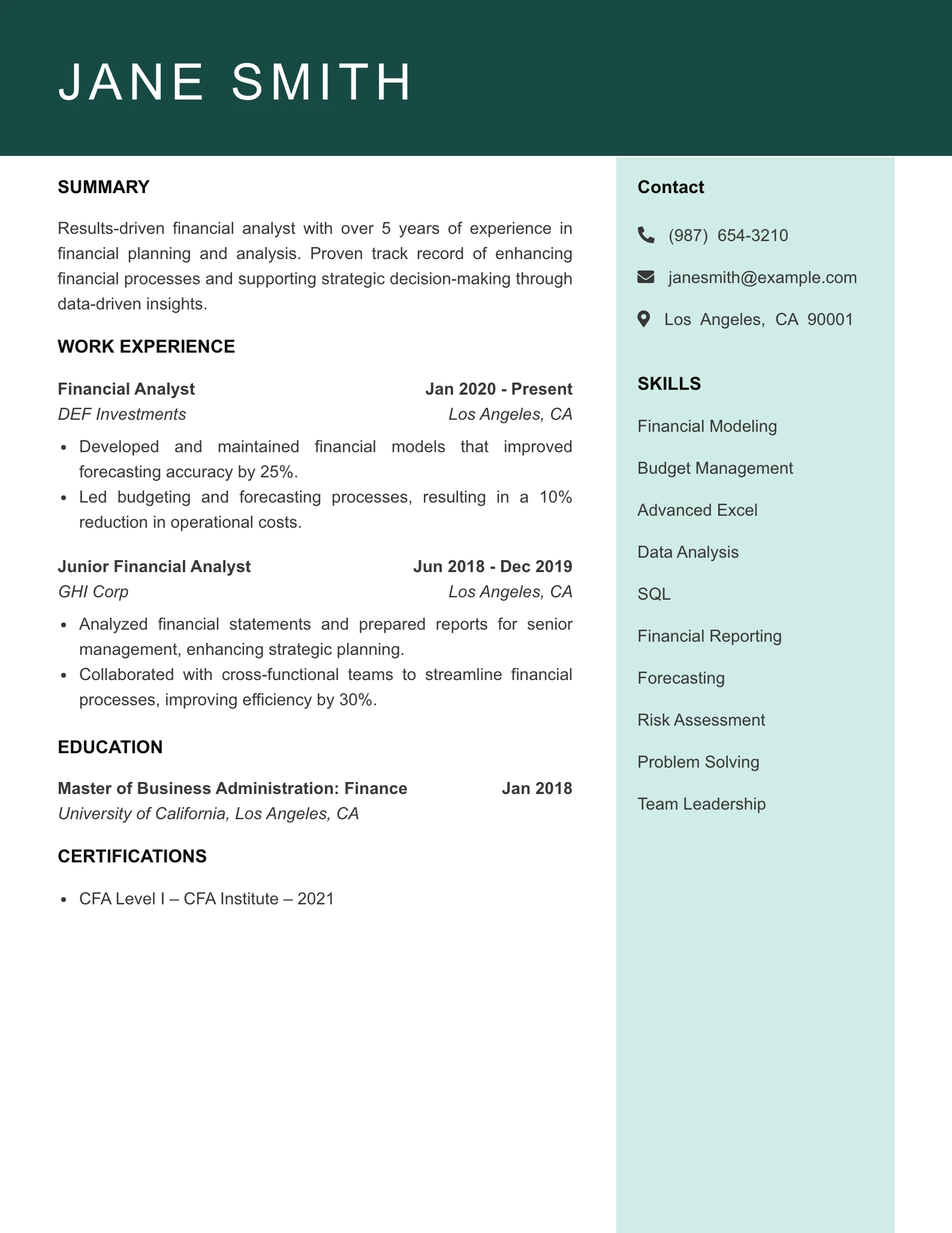 Mid Level Financial Analyst Resume Example