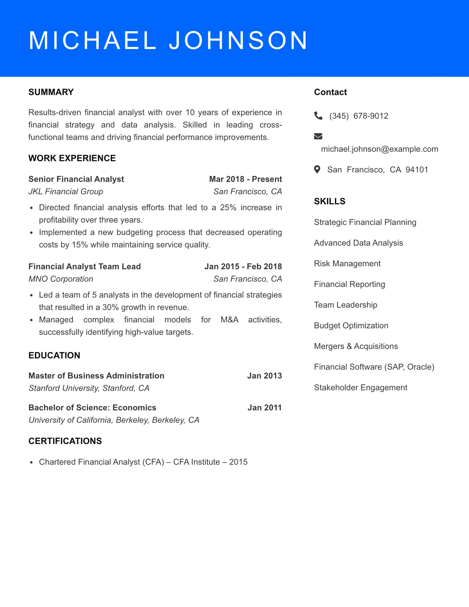 Senior Level Financial Analyst Resume Sample