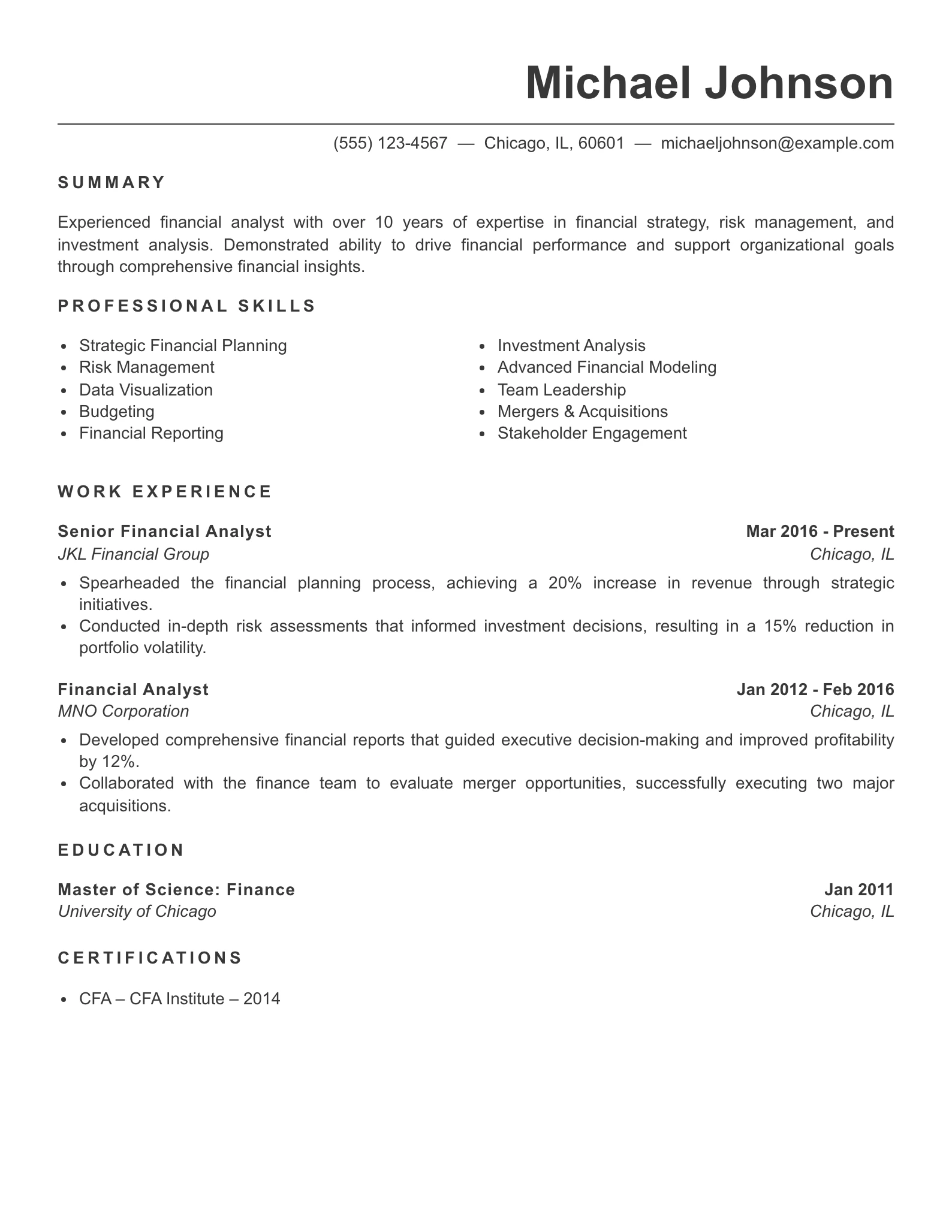 Senior Level Financial Analyst Resume Example