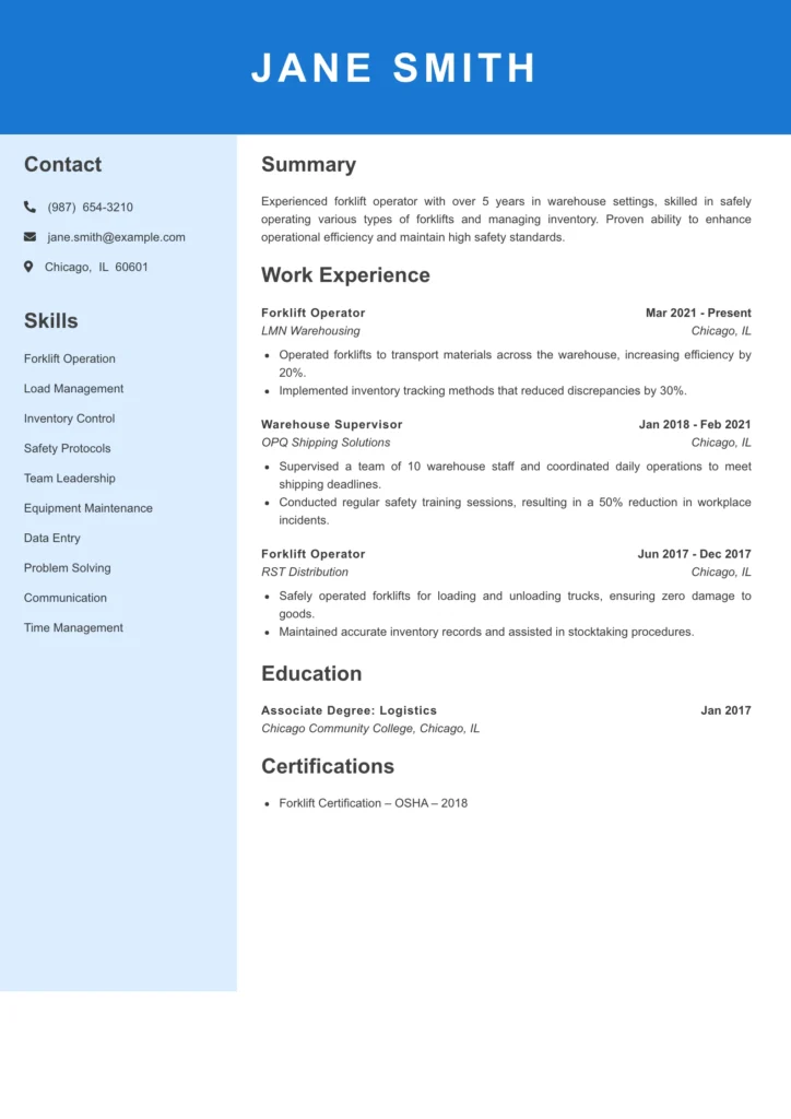 Forklift Operator Resume Template