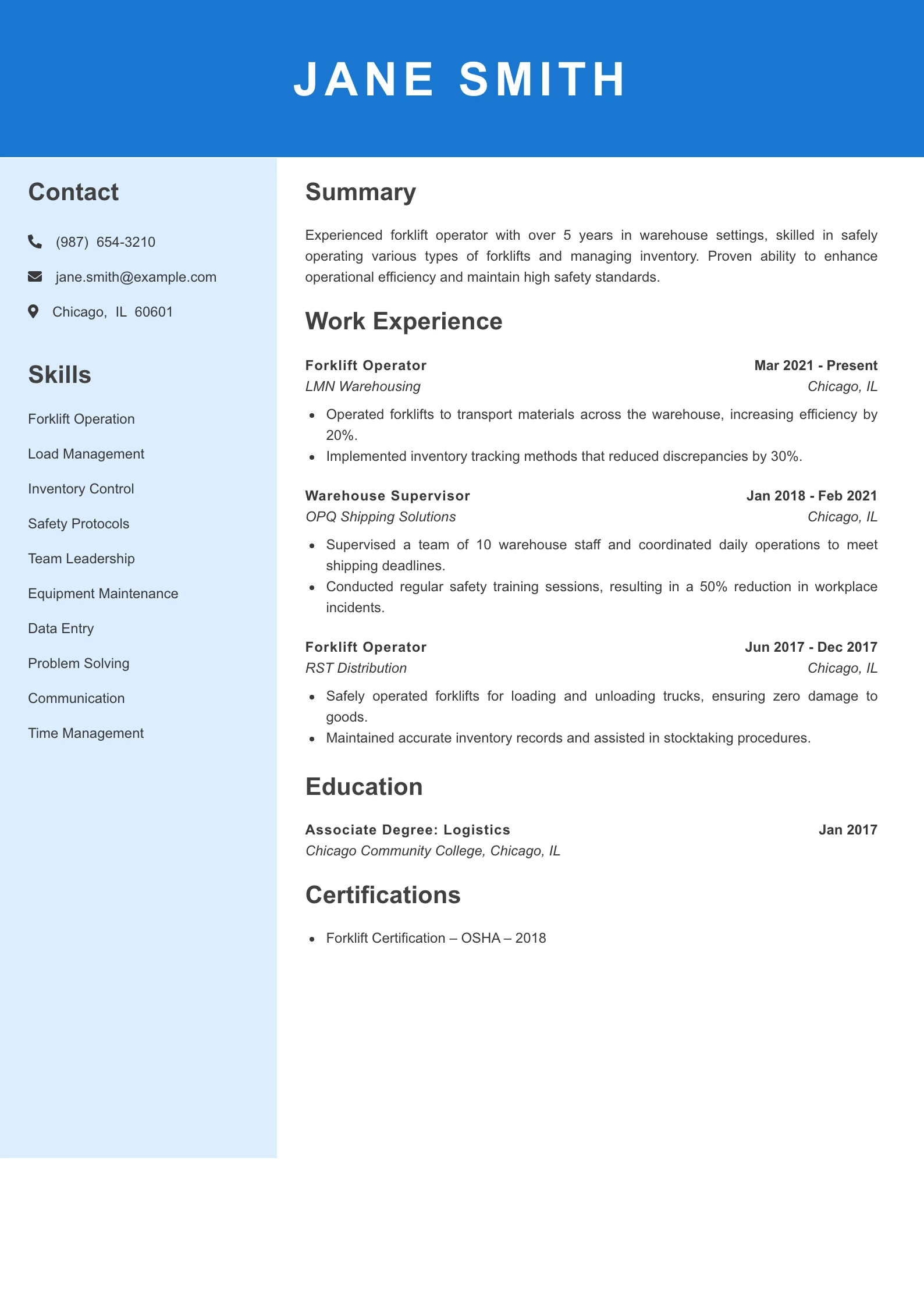 Mid Level Forklift Operator Resume Example