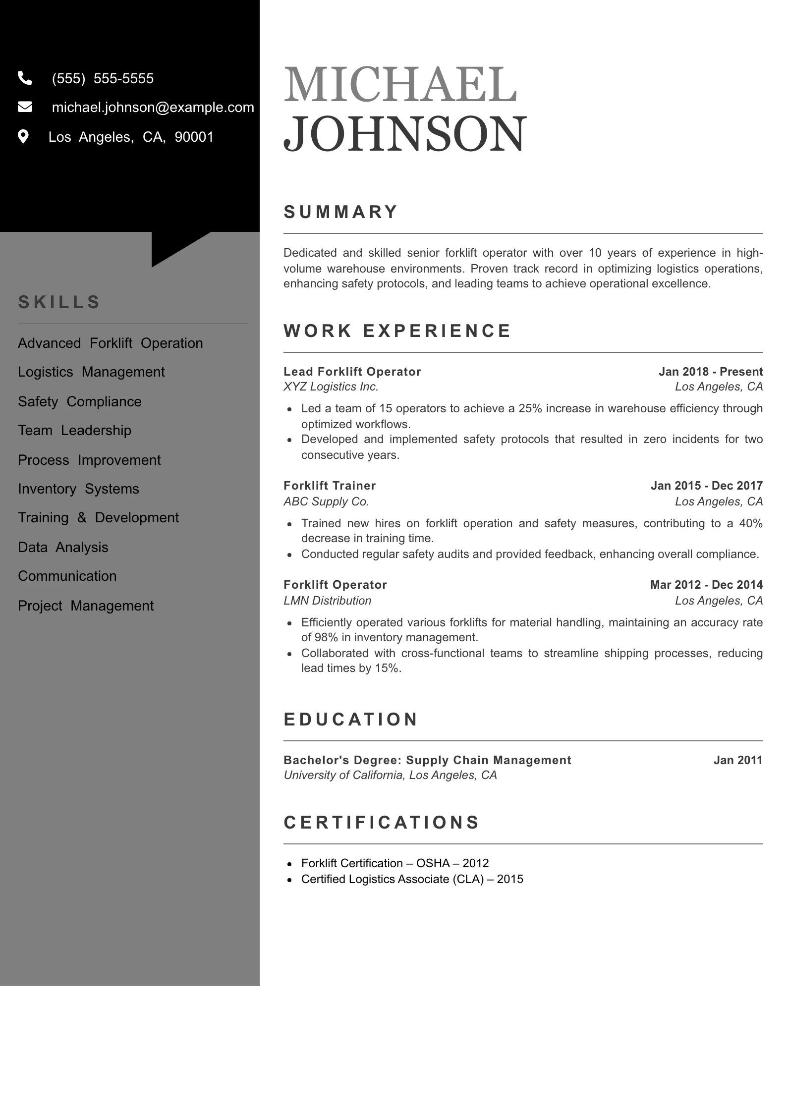 Senior Level Forklift Operator Resume Example