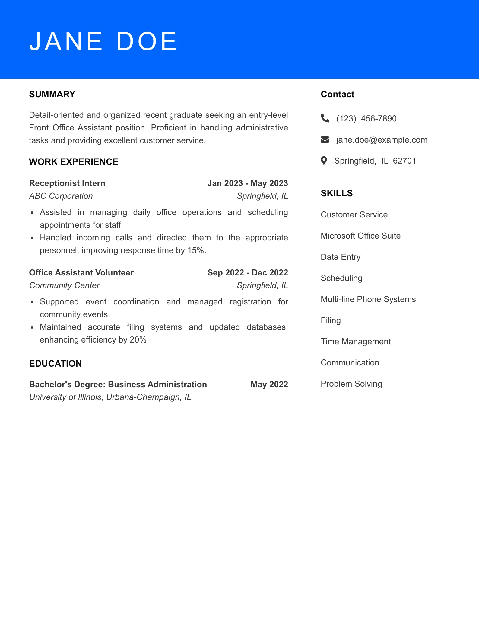 Selected Front Office Assistant Resume
