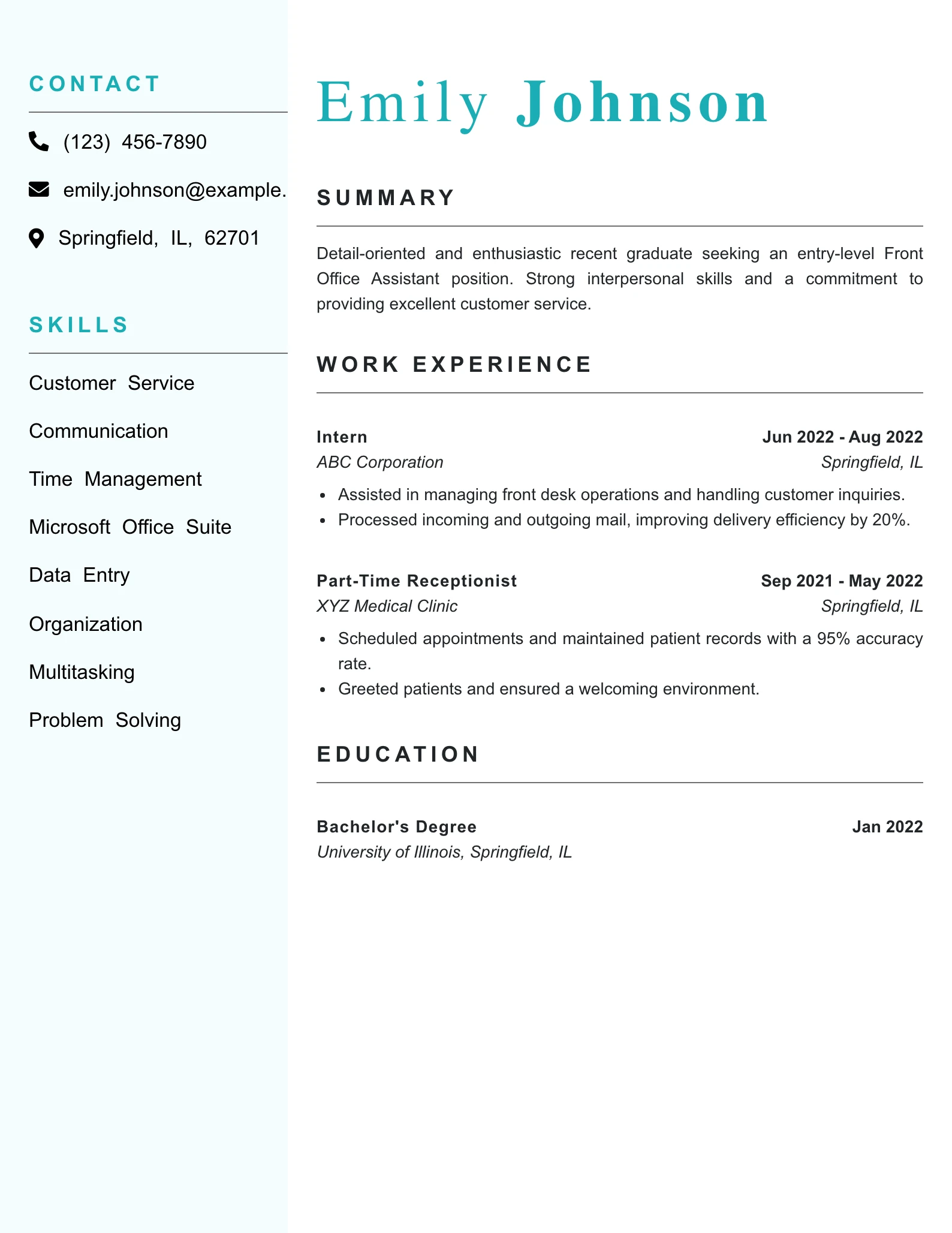 Entry Level Front Office Assistant Resume Example