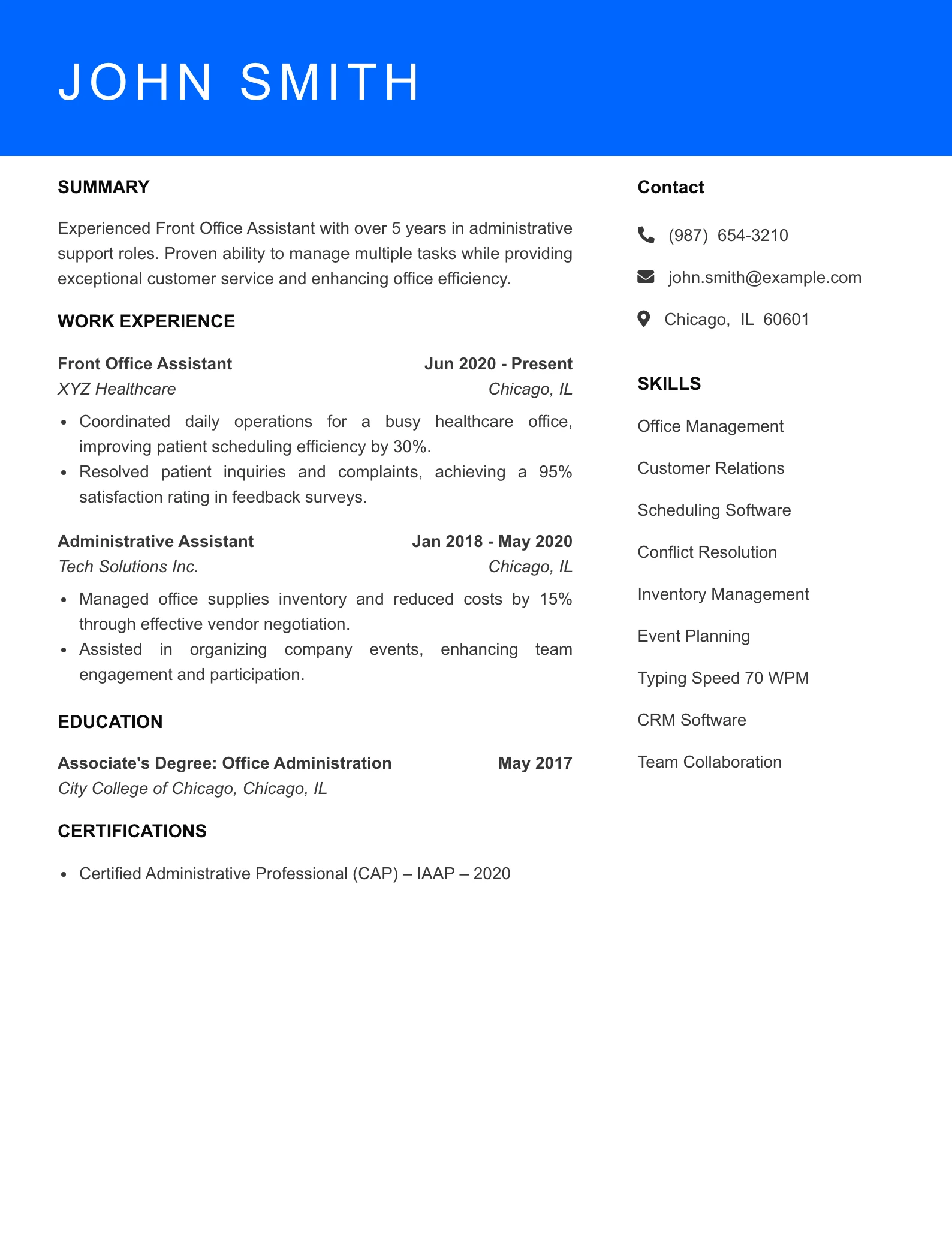 Mid Level Front Office Assistant Resume Sample