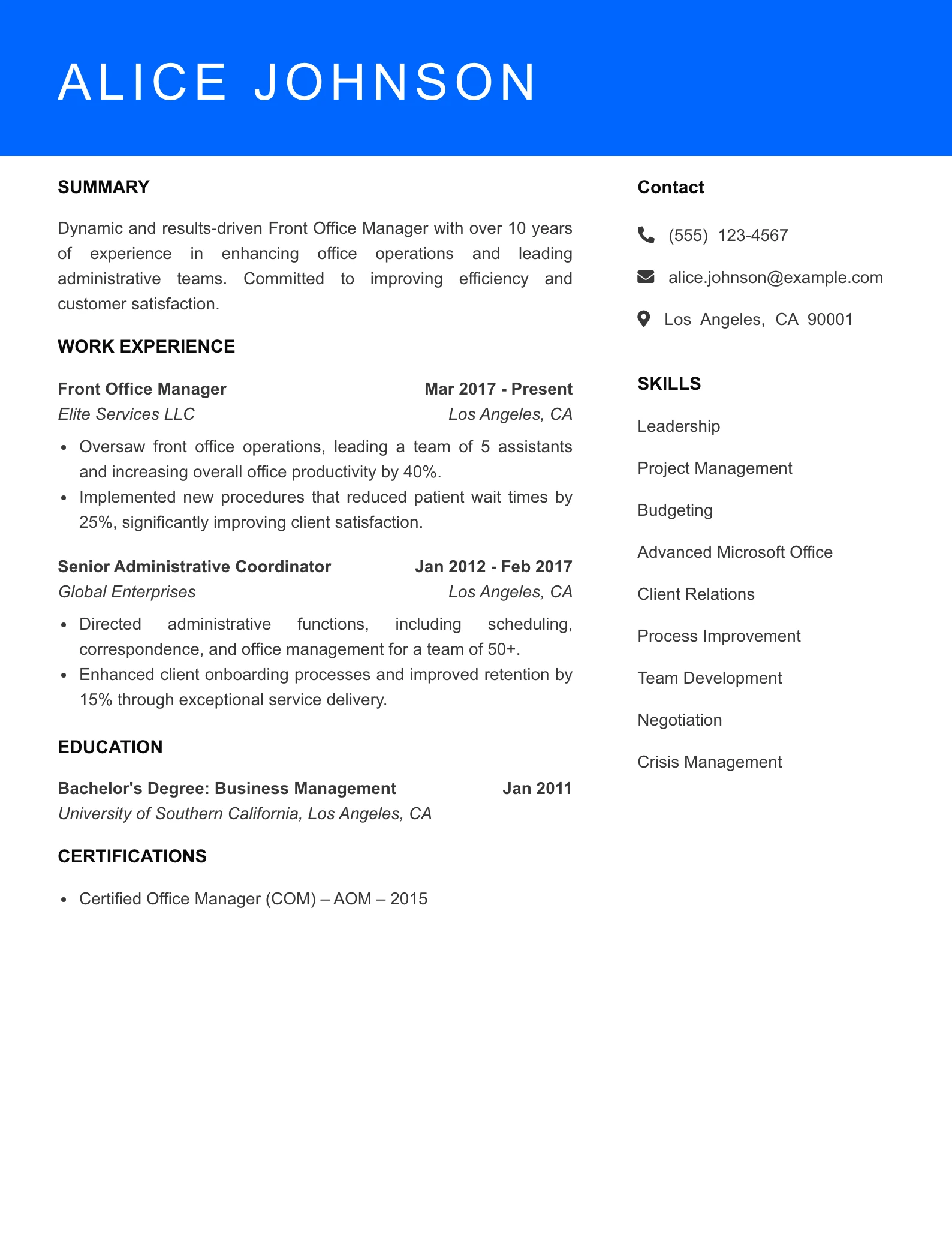 Senior Level Front Office Assistant Resume Sample