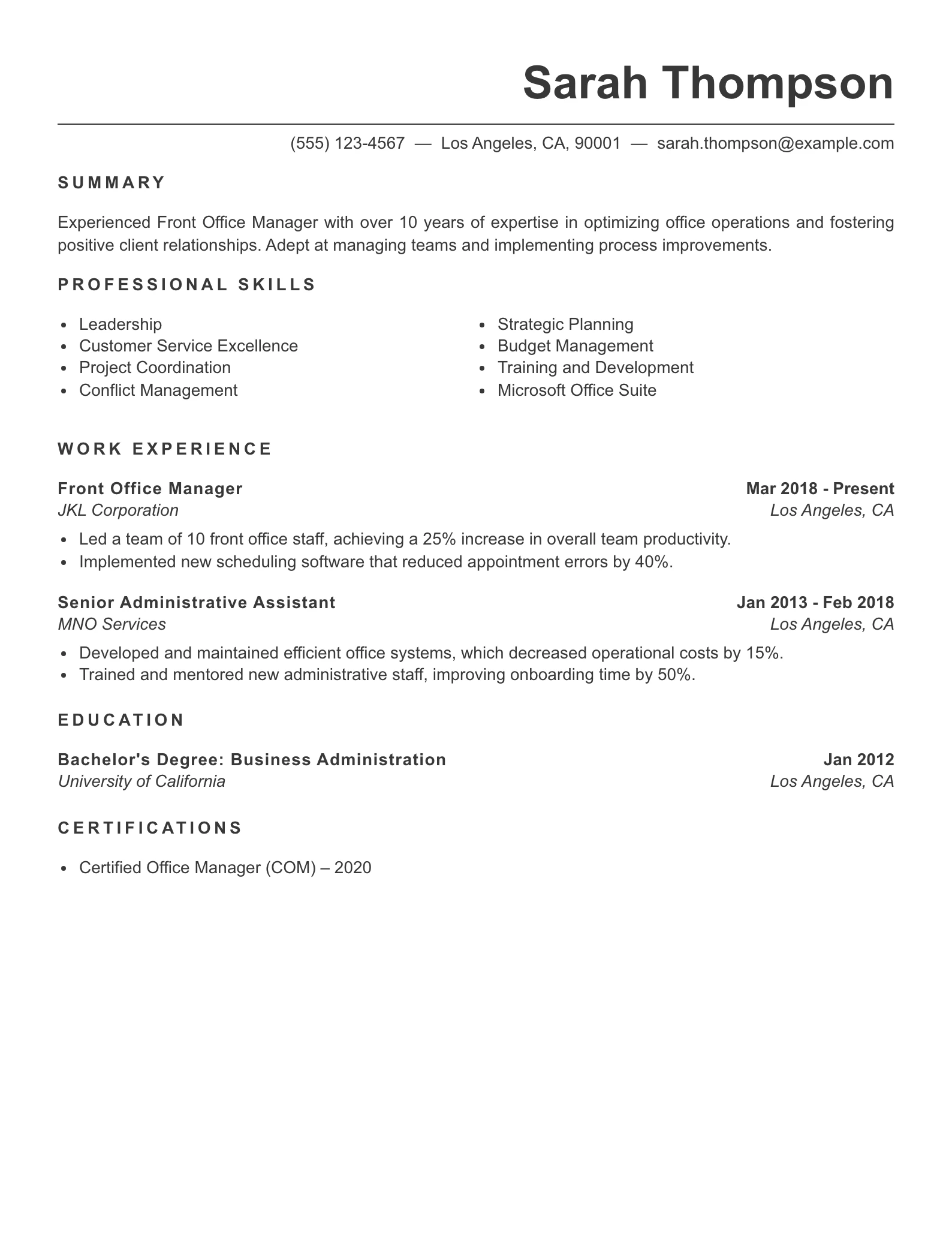 Senior Level Front Office Assistant Resume Example
