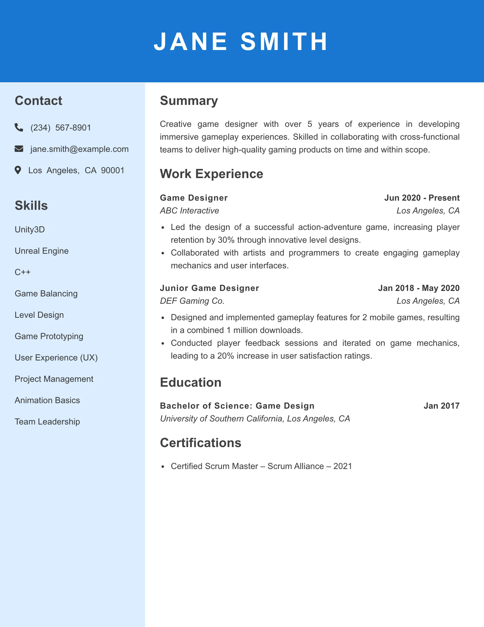 Mid Level Game Designer Resume Example