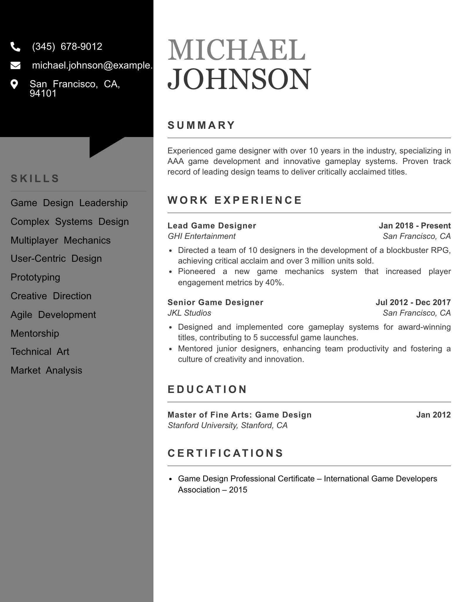 Senior Level Game Designer Resume Example