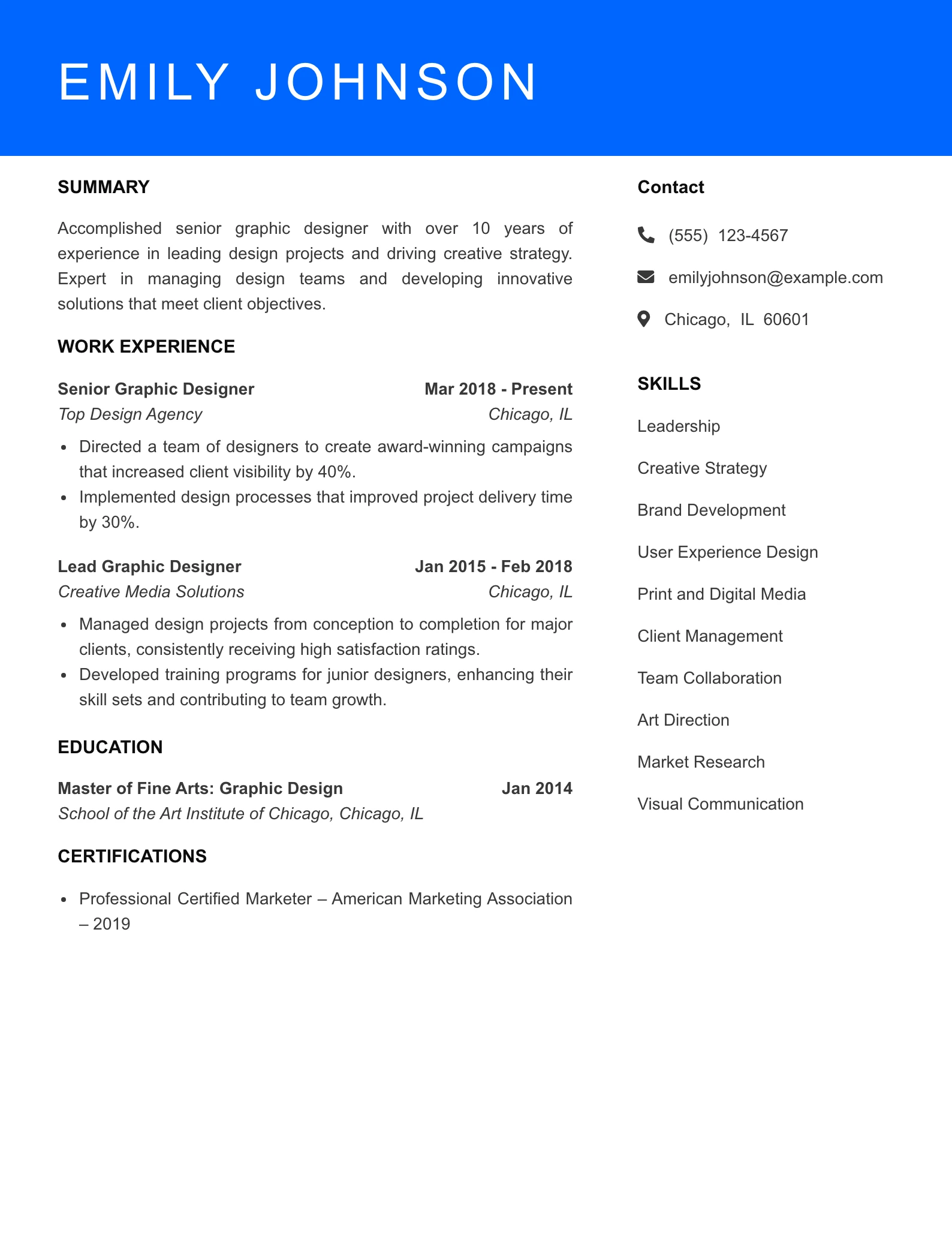 Senior Level Graphic Designer Resume Sample