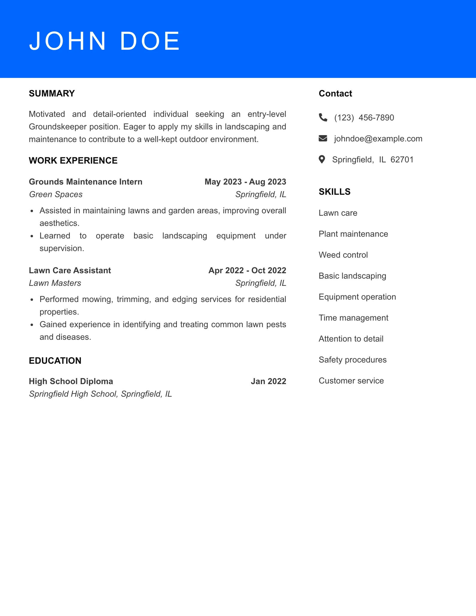 Selected Groundskeeper Resume