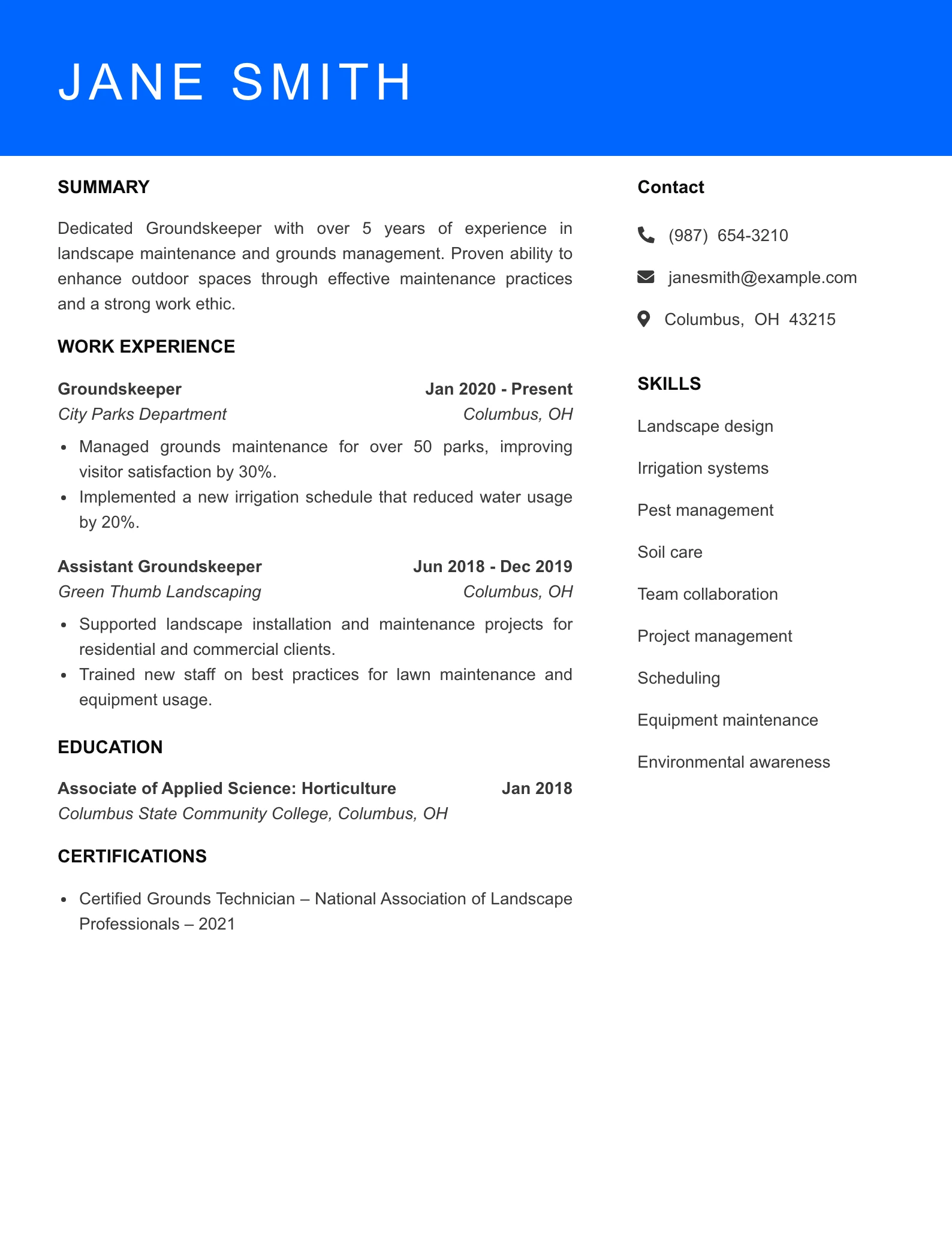 Mid Level Groundskeeper Resume Sample
