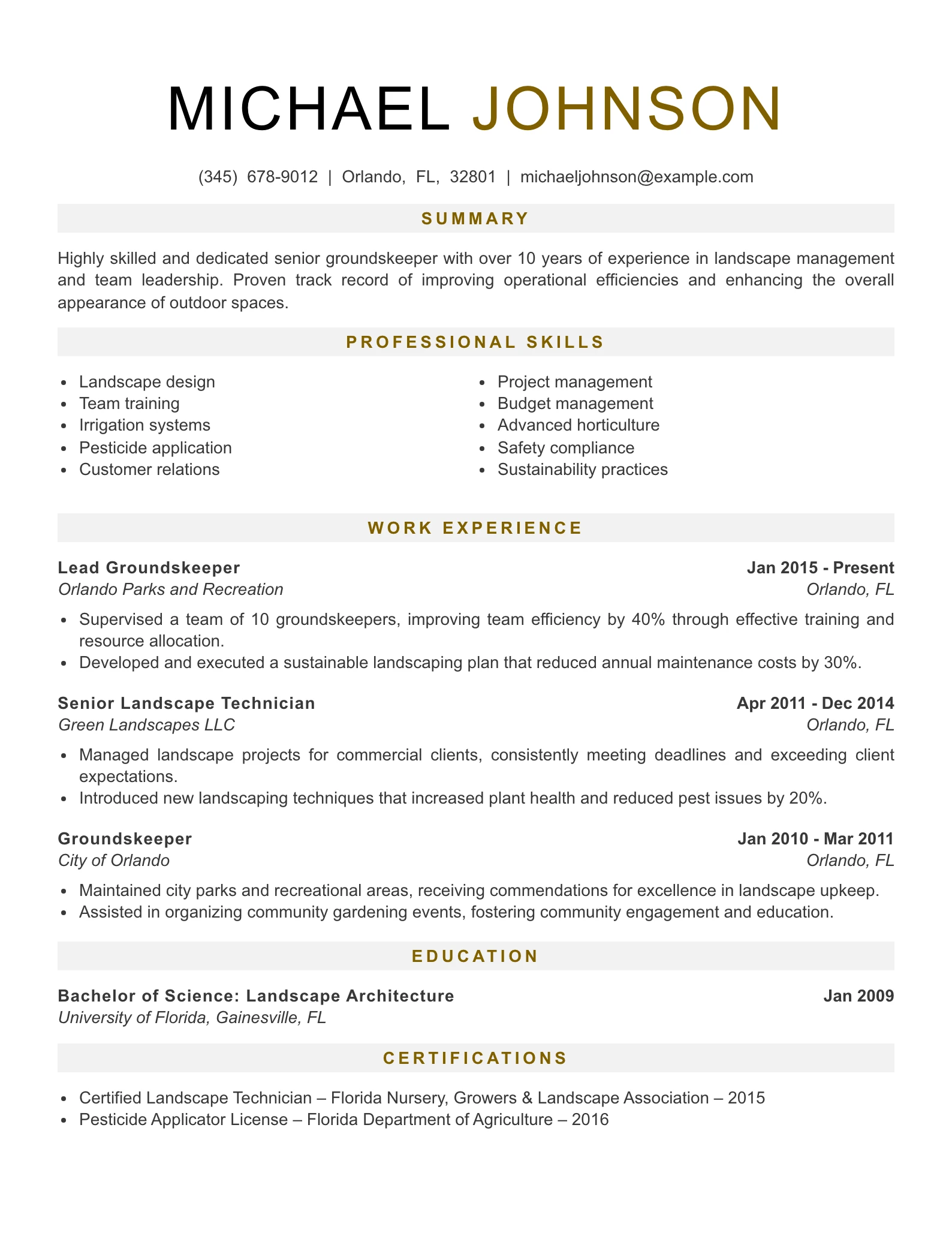 Senior Level Groundskeeper Resume Example