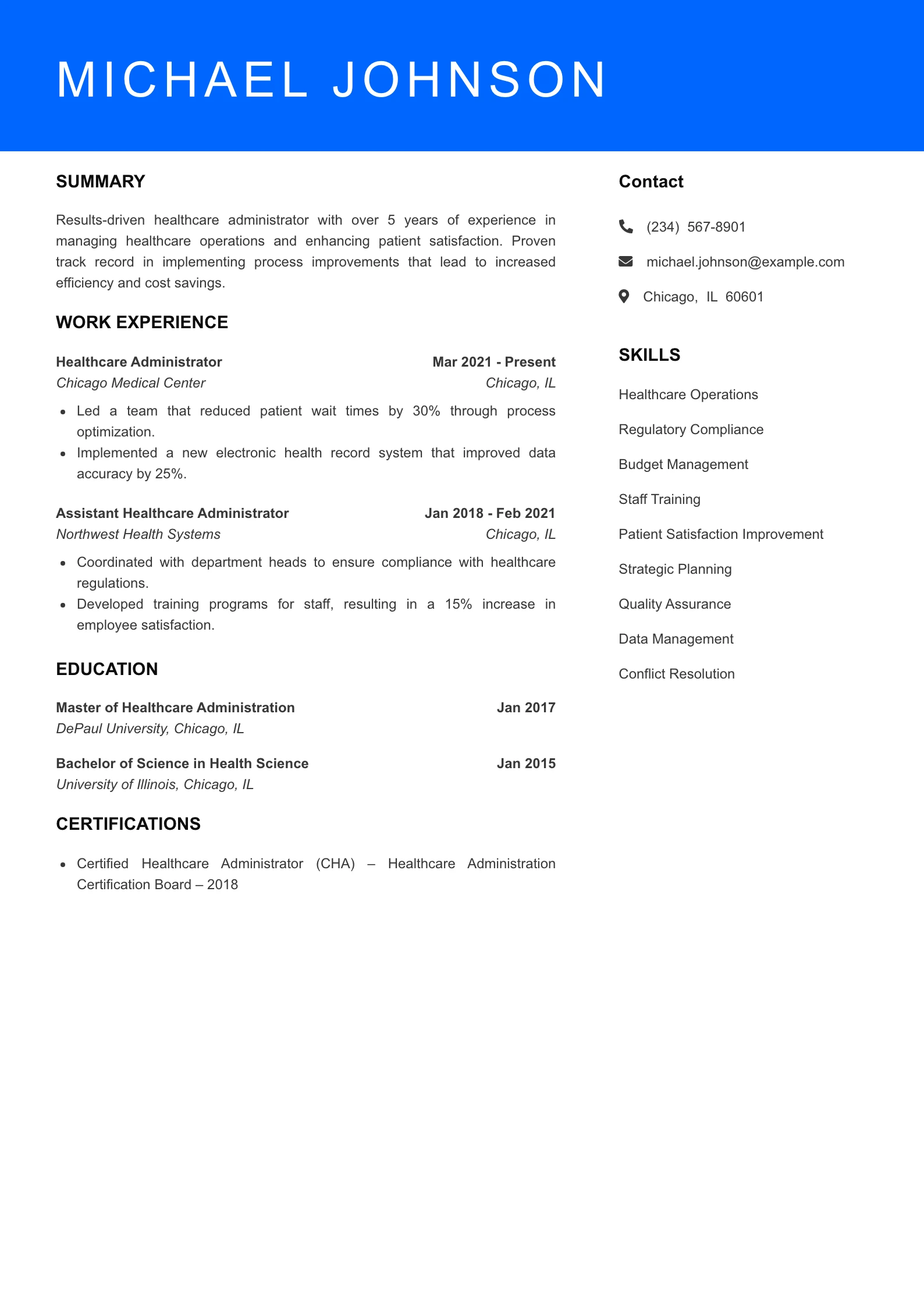 Mid Level Healthcare Administrator Resume Sample
