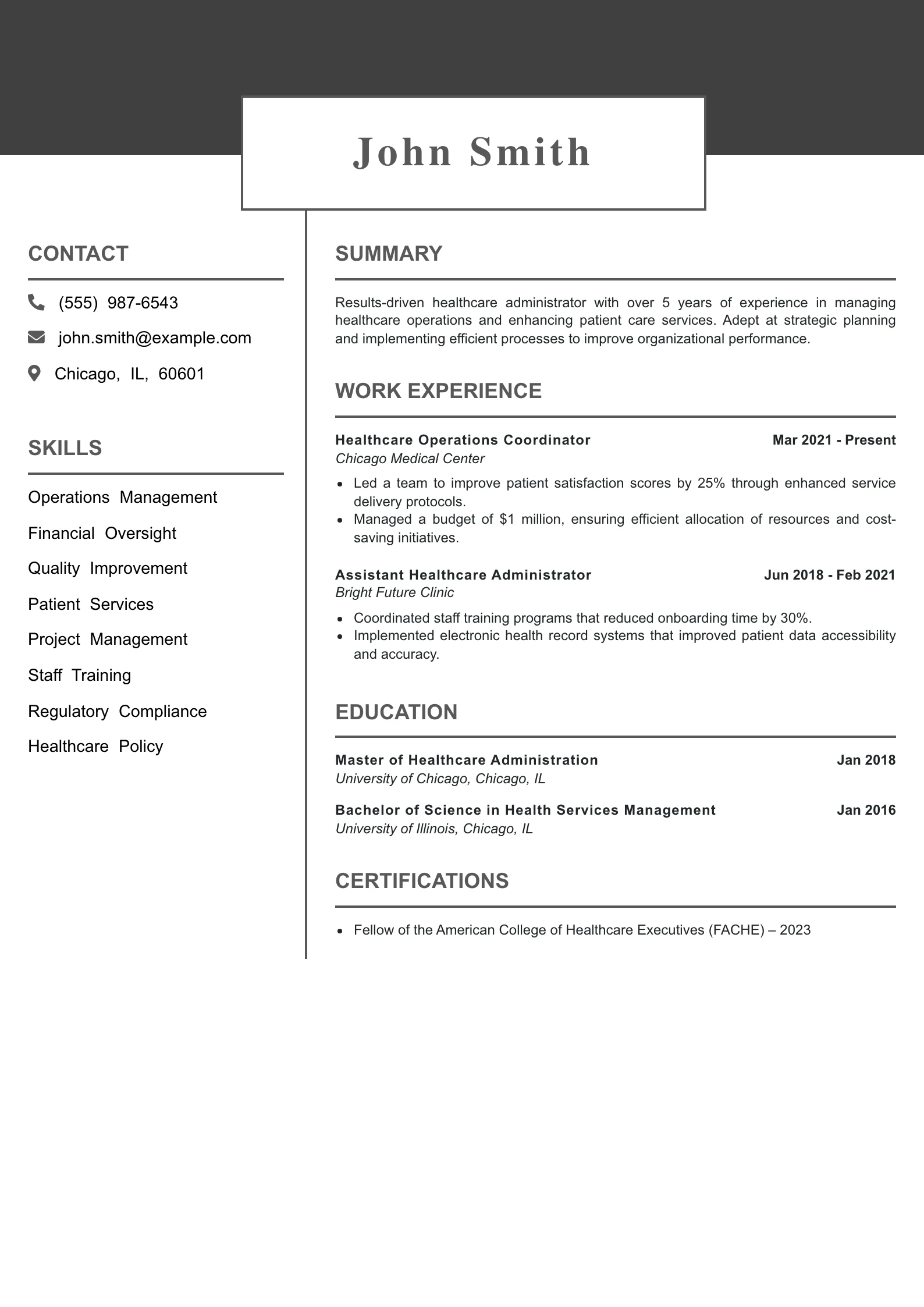 Mid Level Healthcare Administrator Resume Example