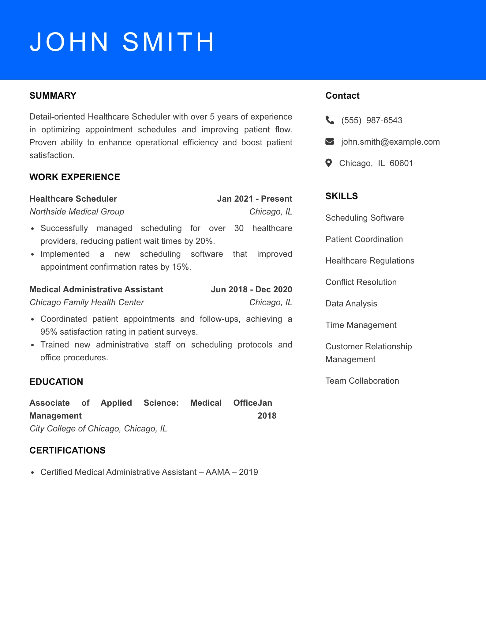 Mid Level Healthcare Scheduler Resume Sample