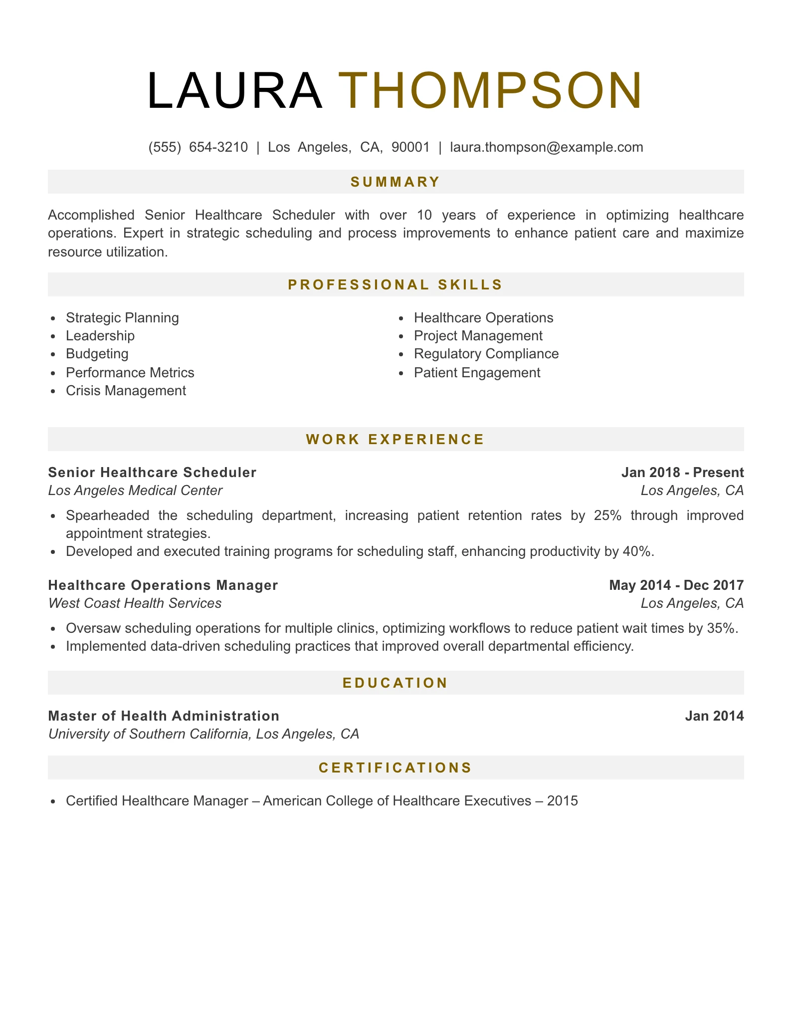 Senior Level Healthcare Scheduler Resume Example