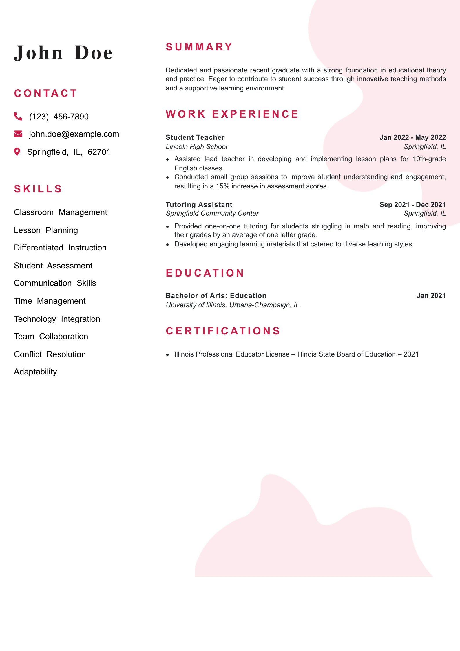 Entry Level High School Teacher Resume Example