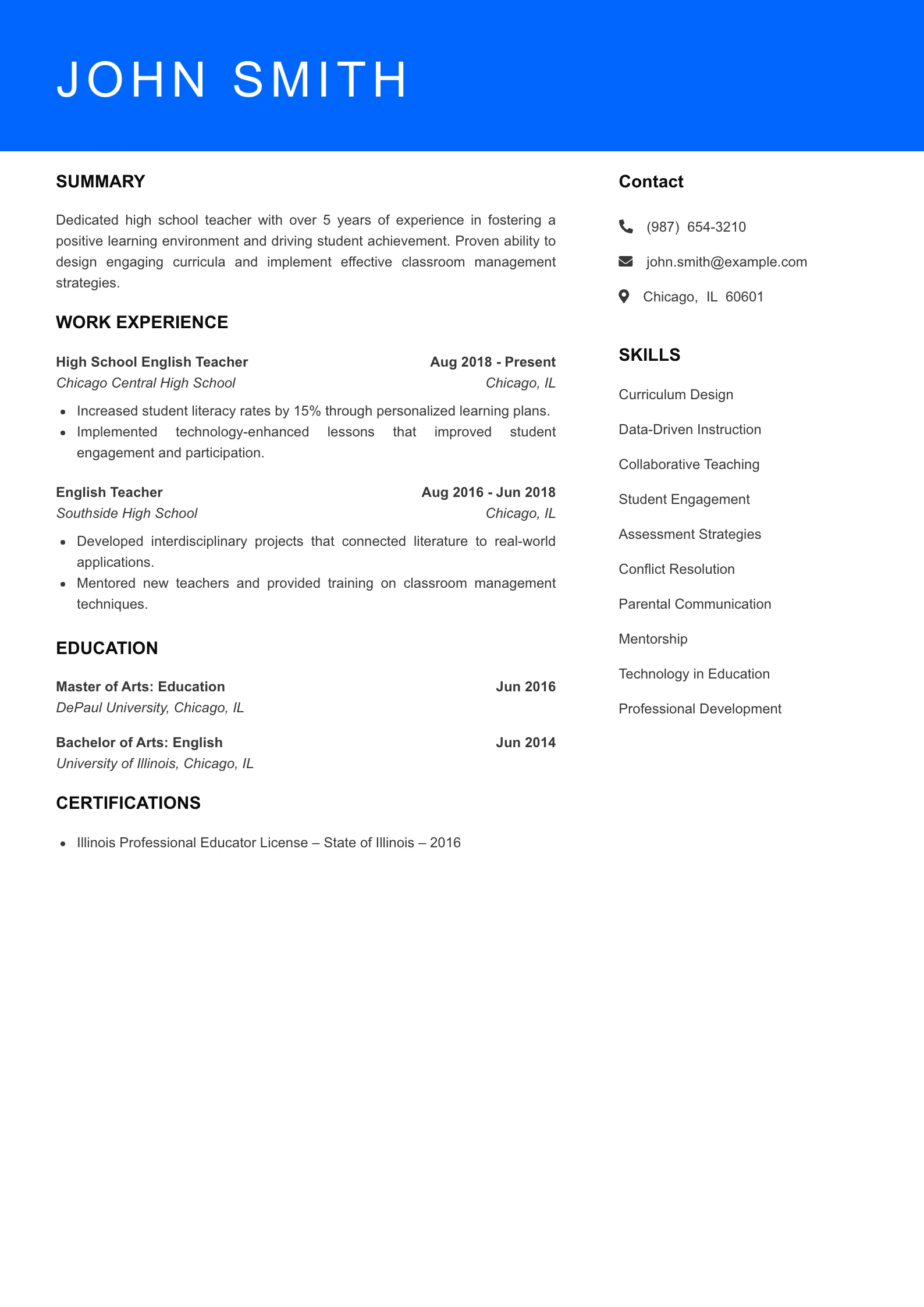 Mid Level High School Teacher Resume Sample