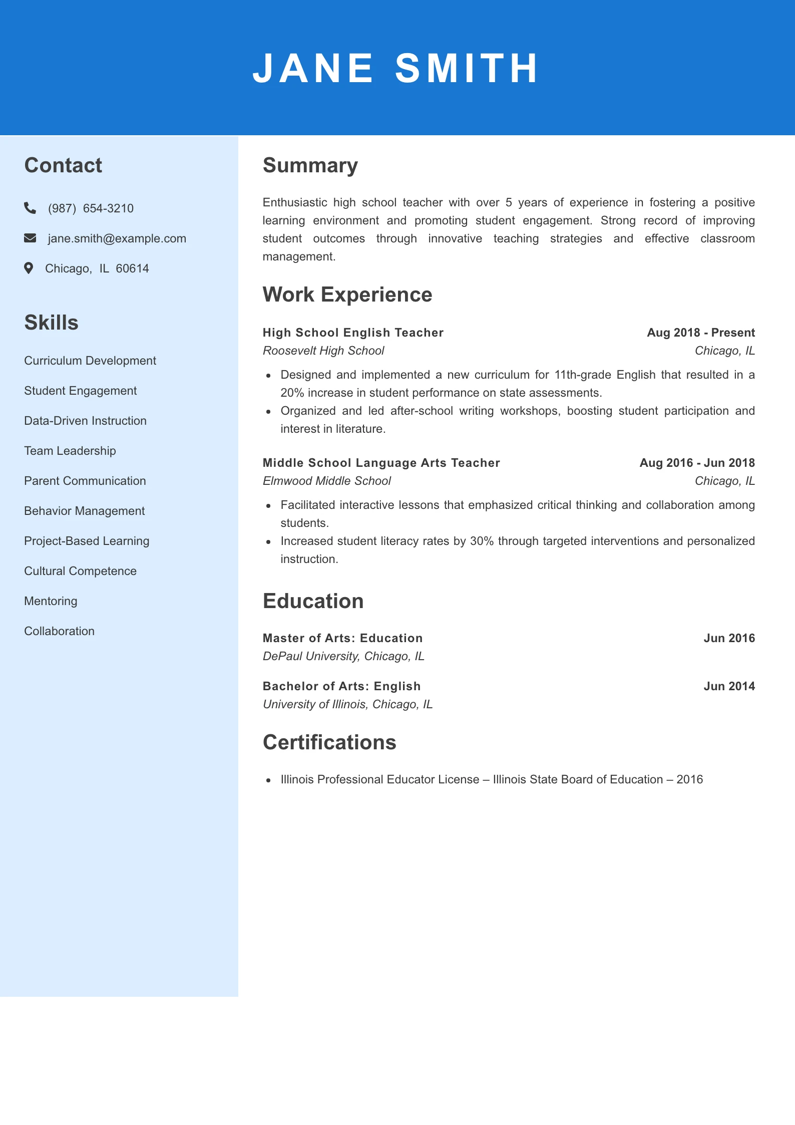 Mid Level High School Teacher Resume Example