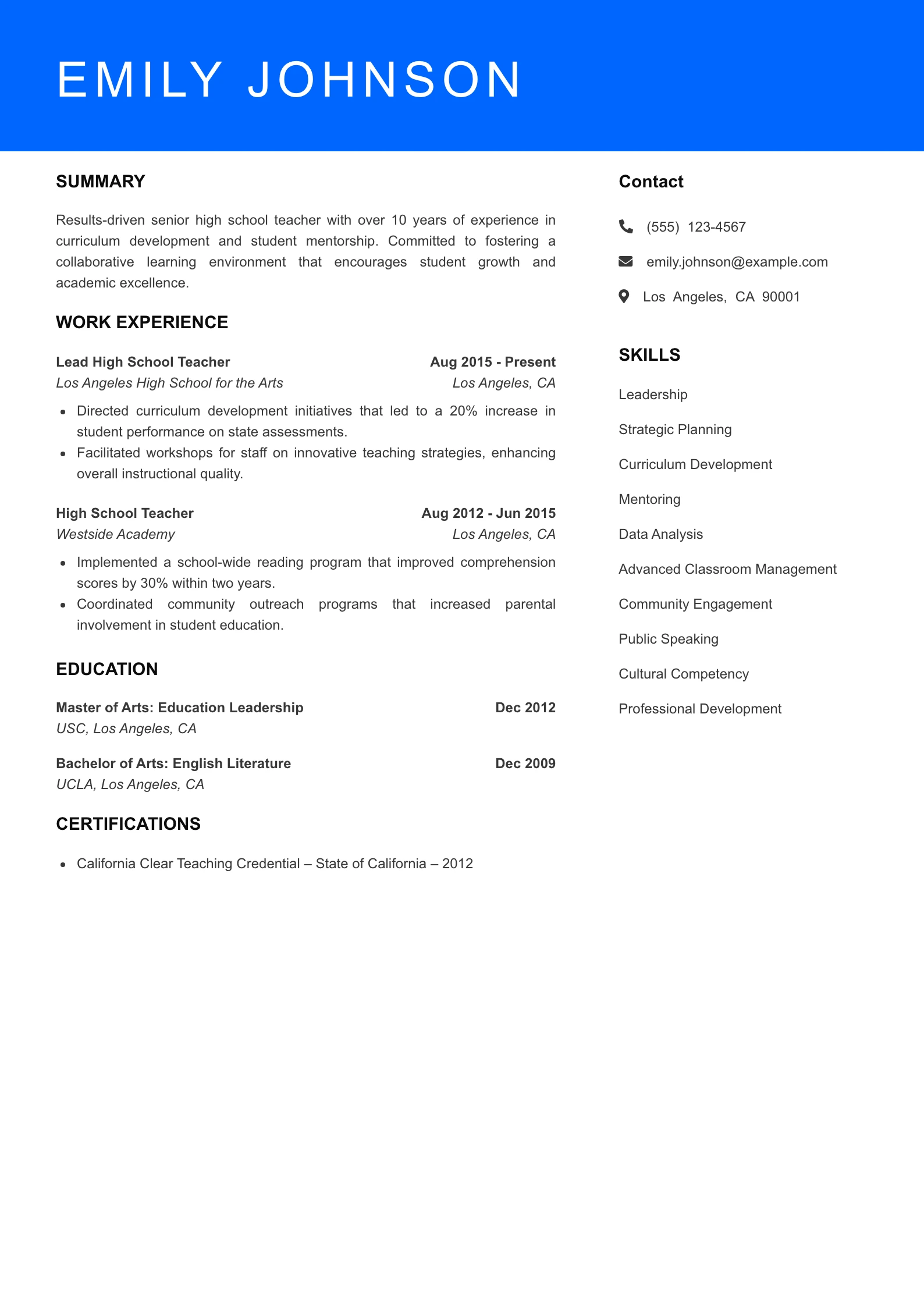 Senior Level High School Teacher Resume Sample
