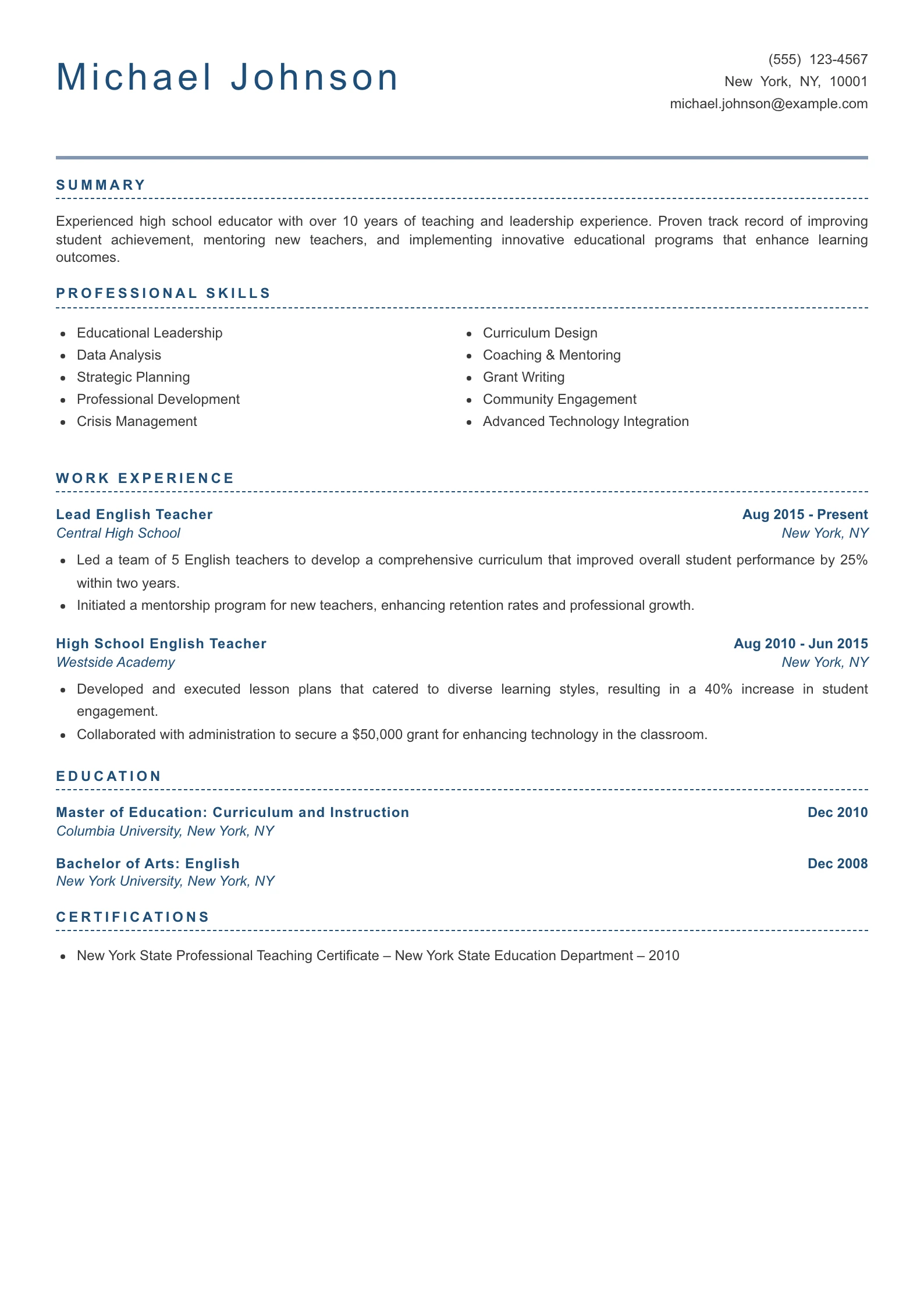 Senior Level High School Teacher Resume Example