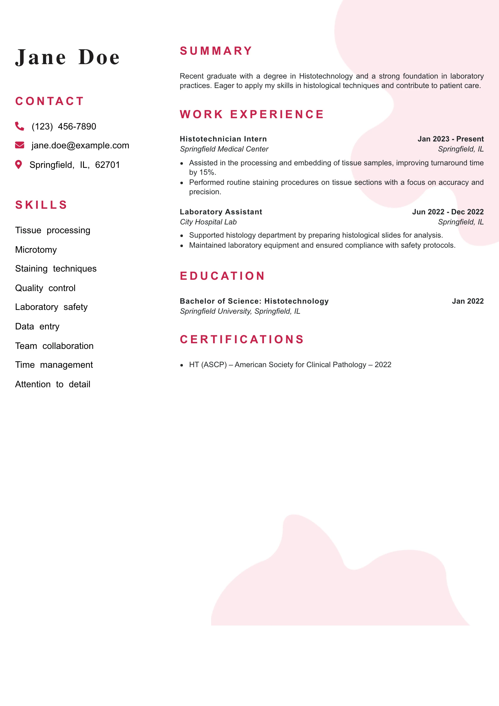 Entry Level Histotechnologist Resume Example