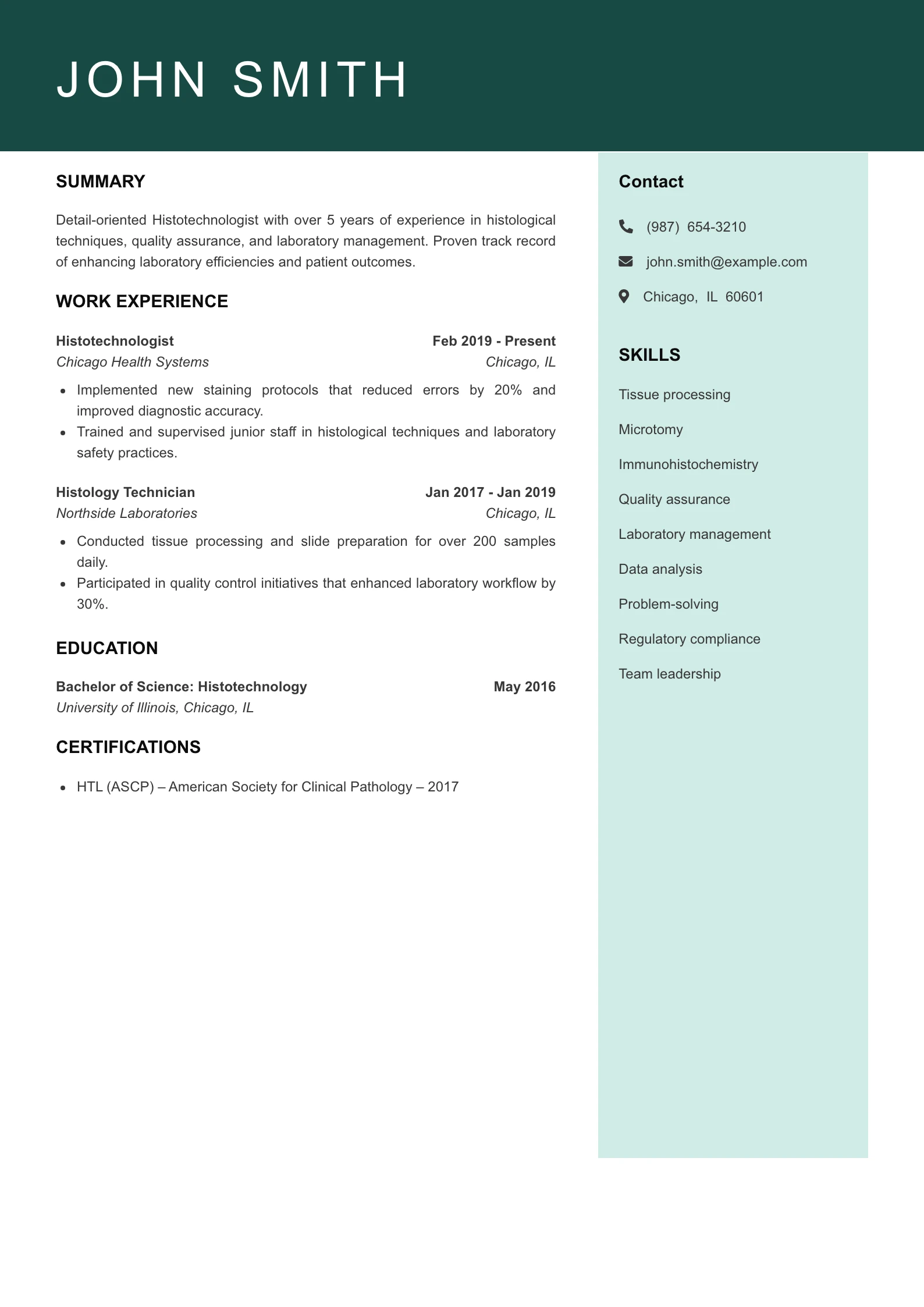 Mid Level Histotechnologist Resume Example
