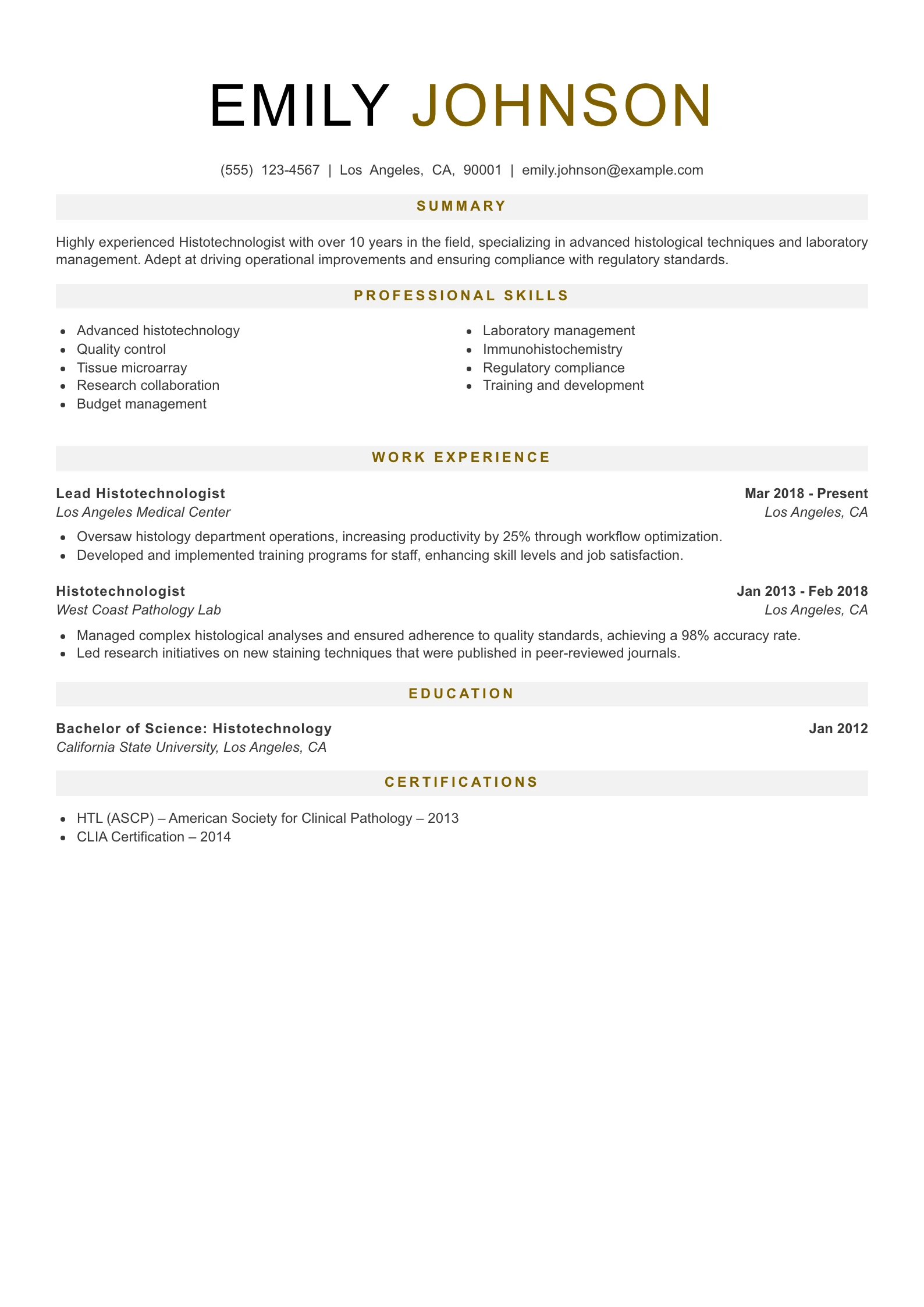 Senior Level Histotechnologist Resume Example