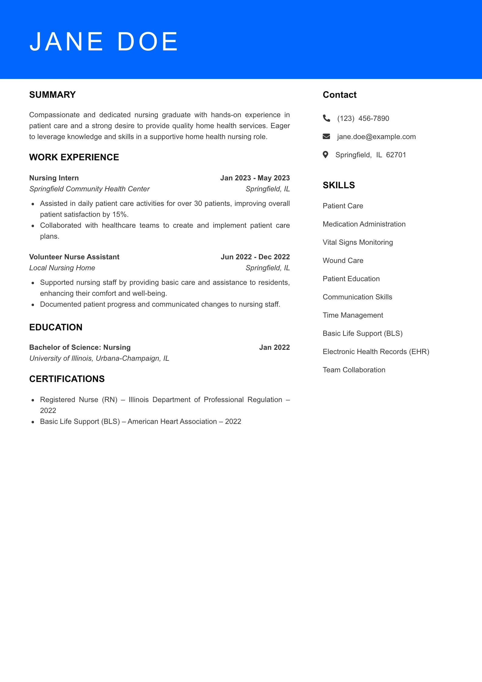 Selected Home Health Nurse Resume