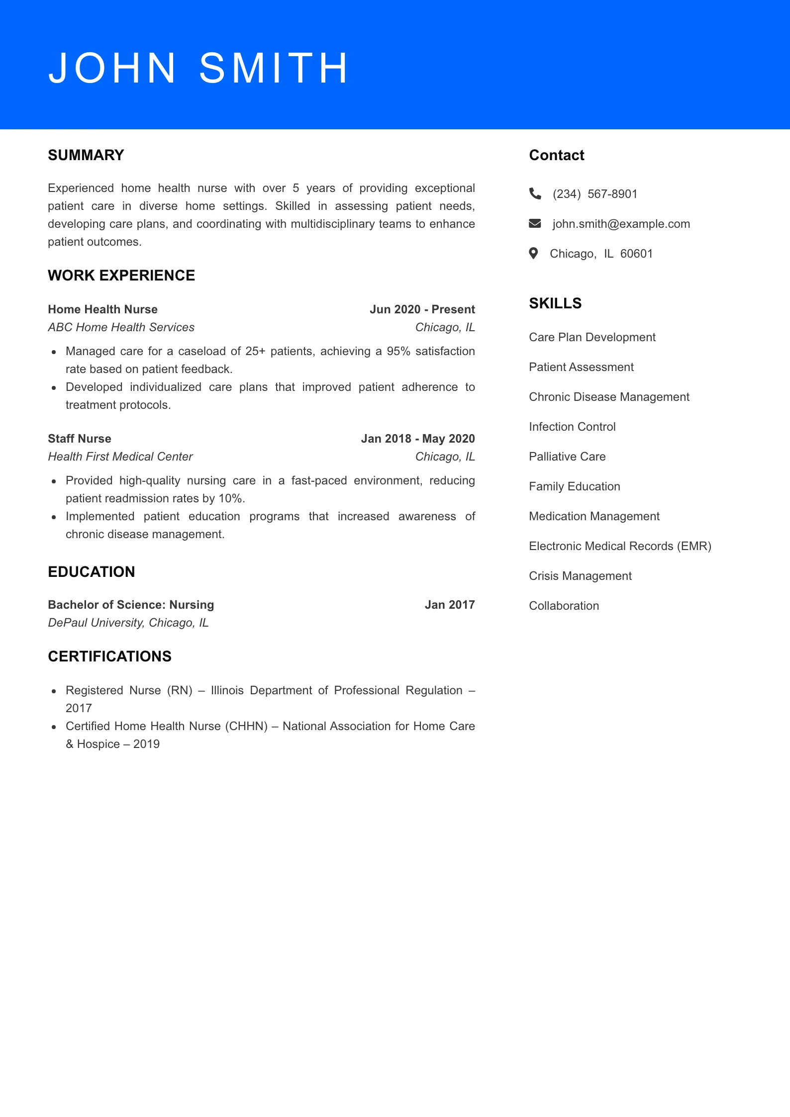 Mid Level Home Health Nurse Resume Sample