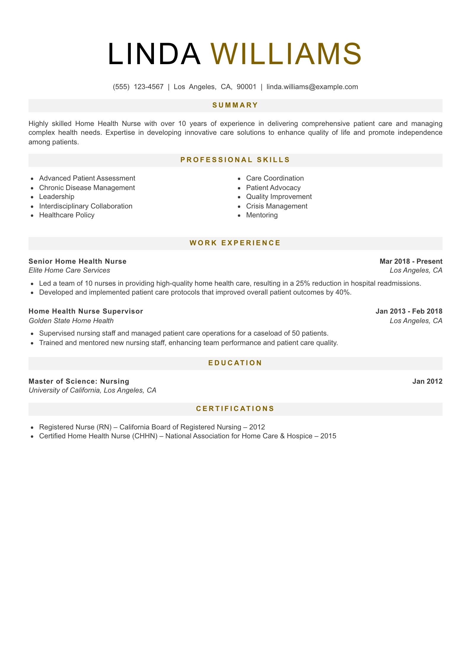 Senior Level Home Health Nurse Resume Example
