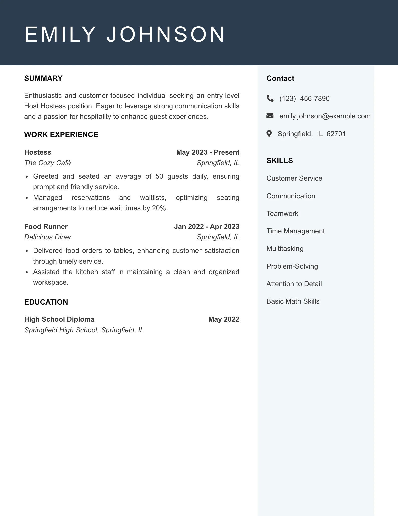 Entry Level Host Hostess Resume Example