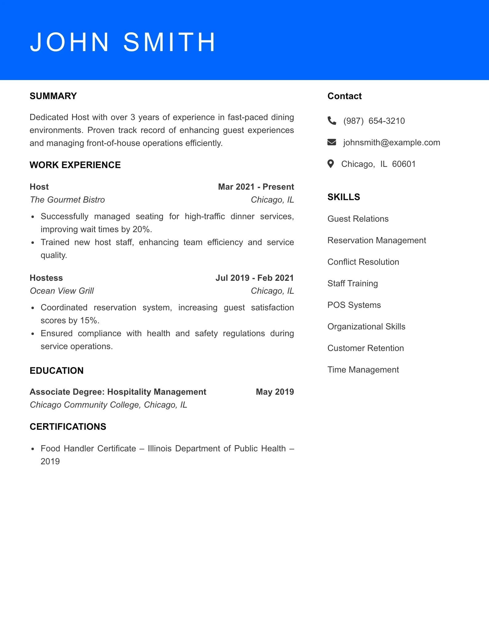 Mid Level Host Hostess Resume Sample