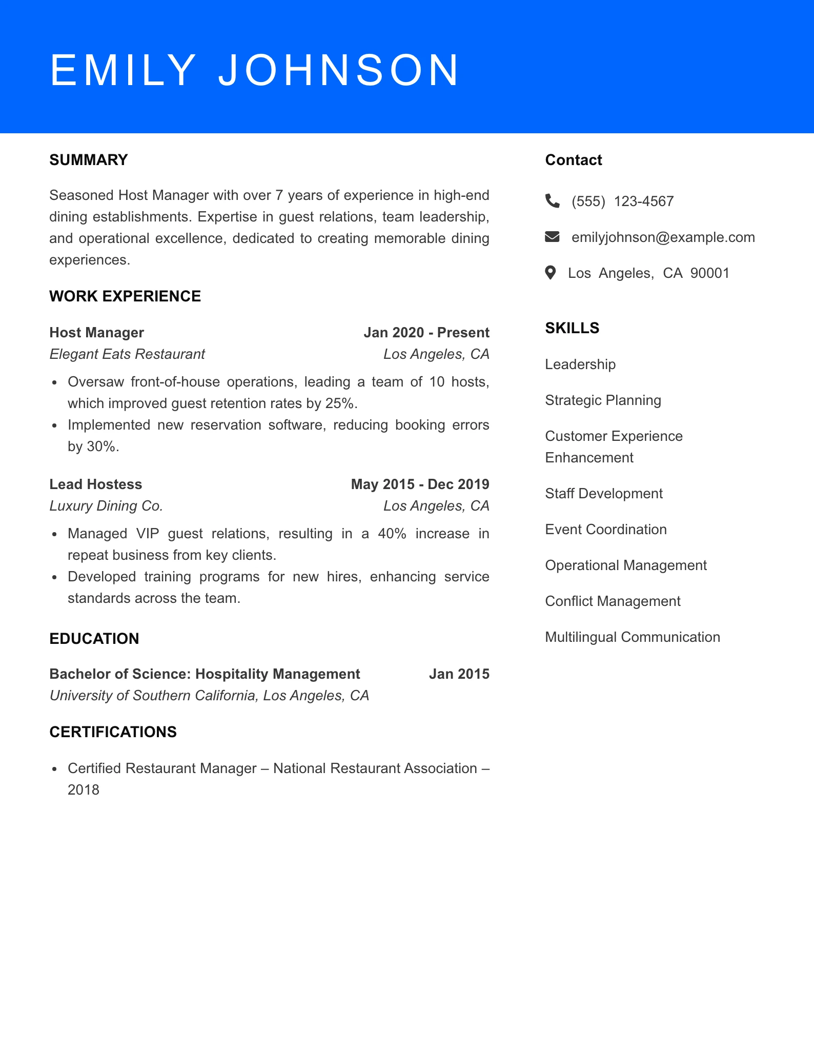 Senior Level Host Hostess Resume Sample