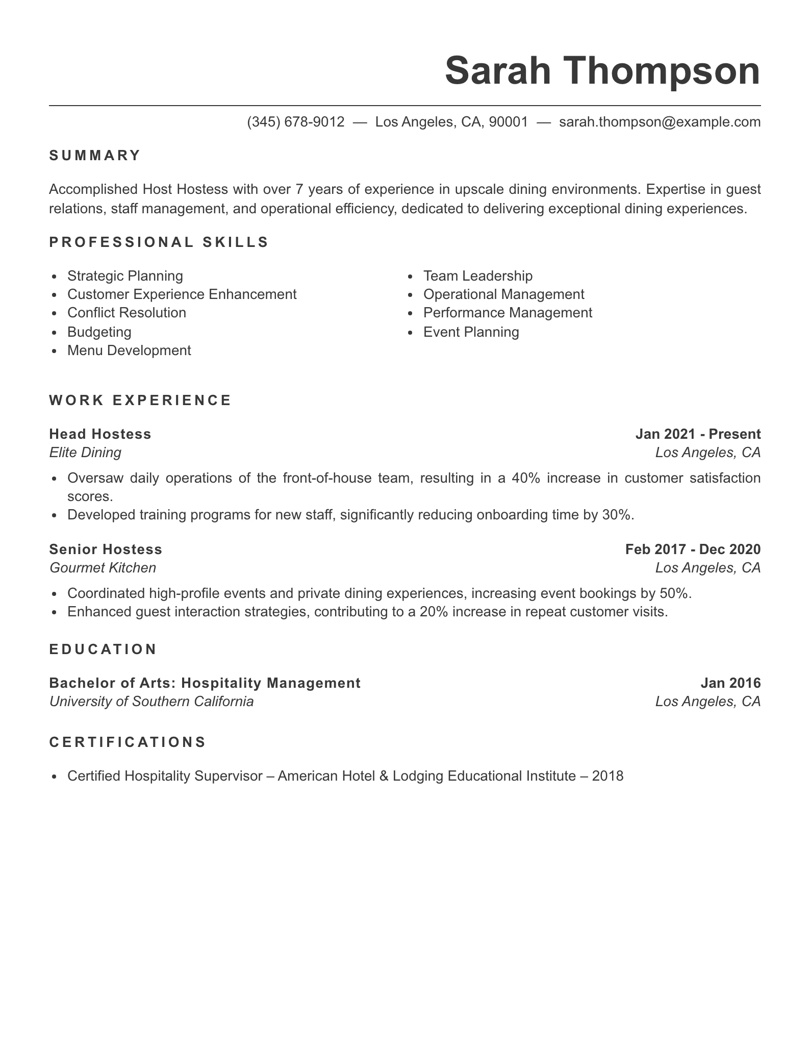 Senior Level Host Hostess Resume Example