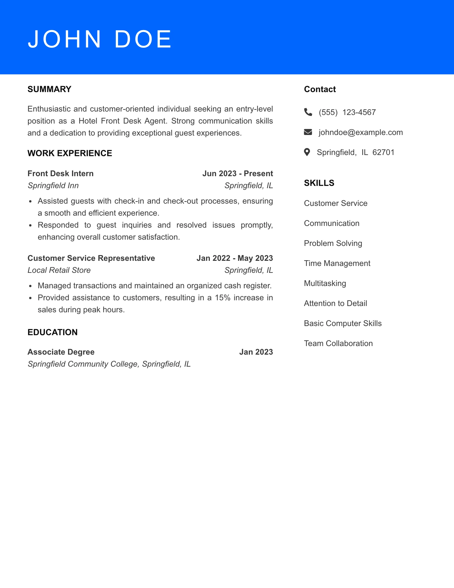 Selected Hotel Front Desk Agent Resume