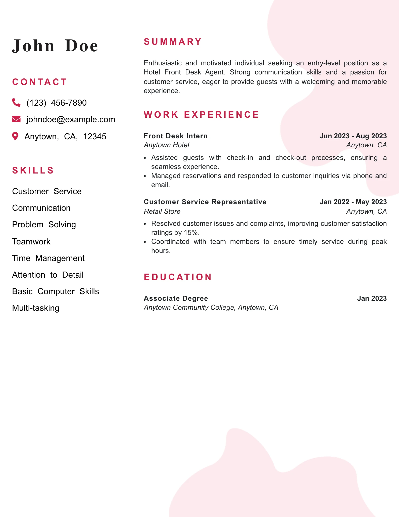 Entry Level Hotel Front Desk Agent Resume Example