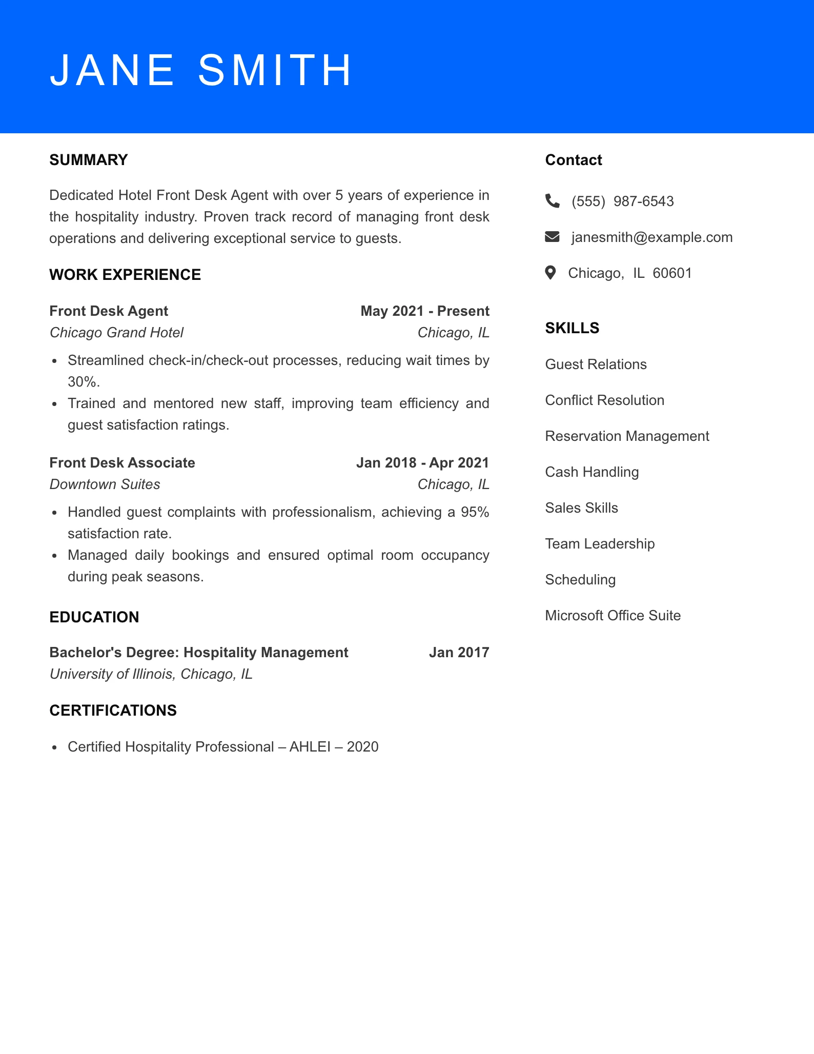 Mid Level Hotel Front Desk Agent Resume Sample