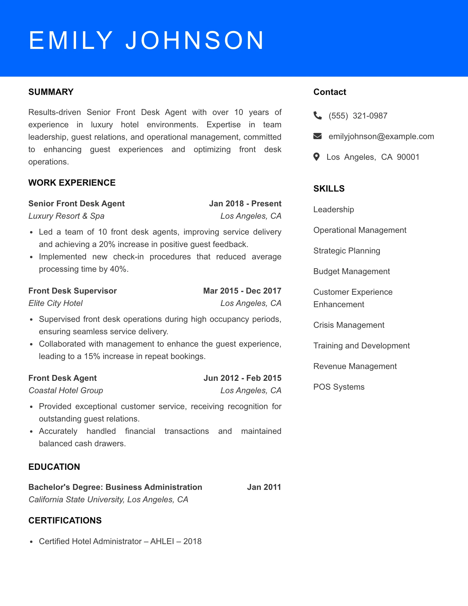 Senior Level Hotel Front Desk Agent Resume Sample