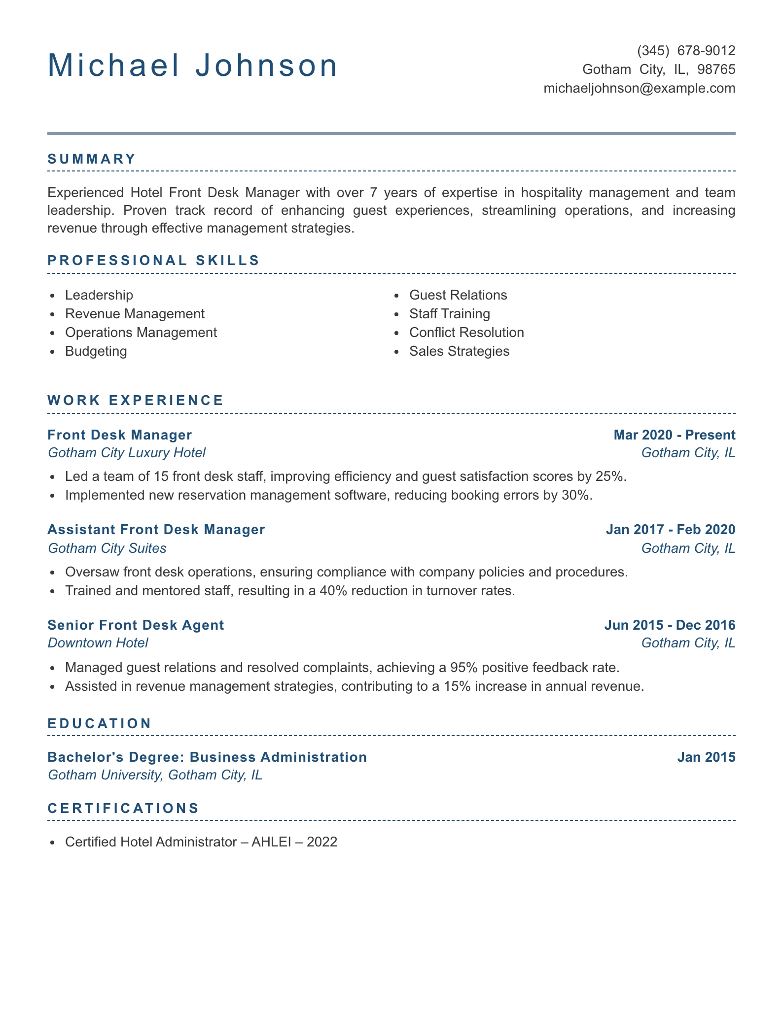 Senior Level Hotel Front Desk Agent Resume Example