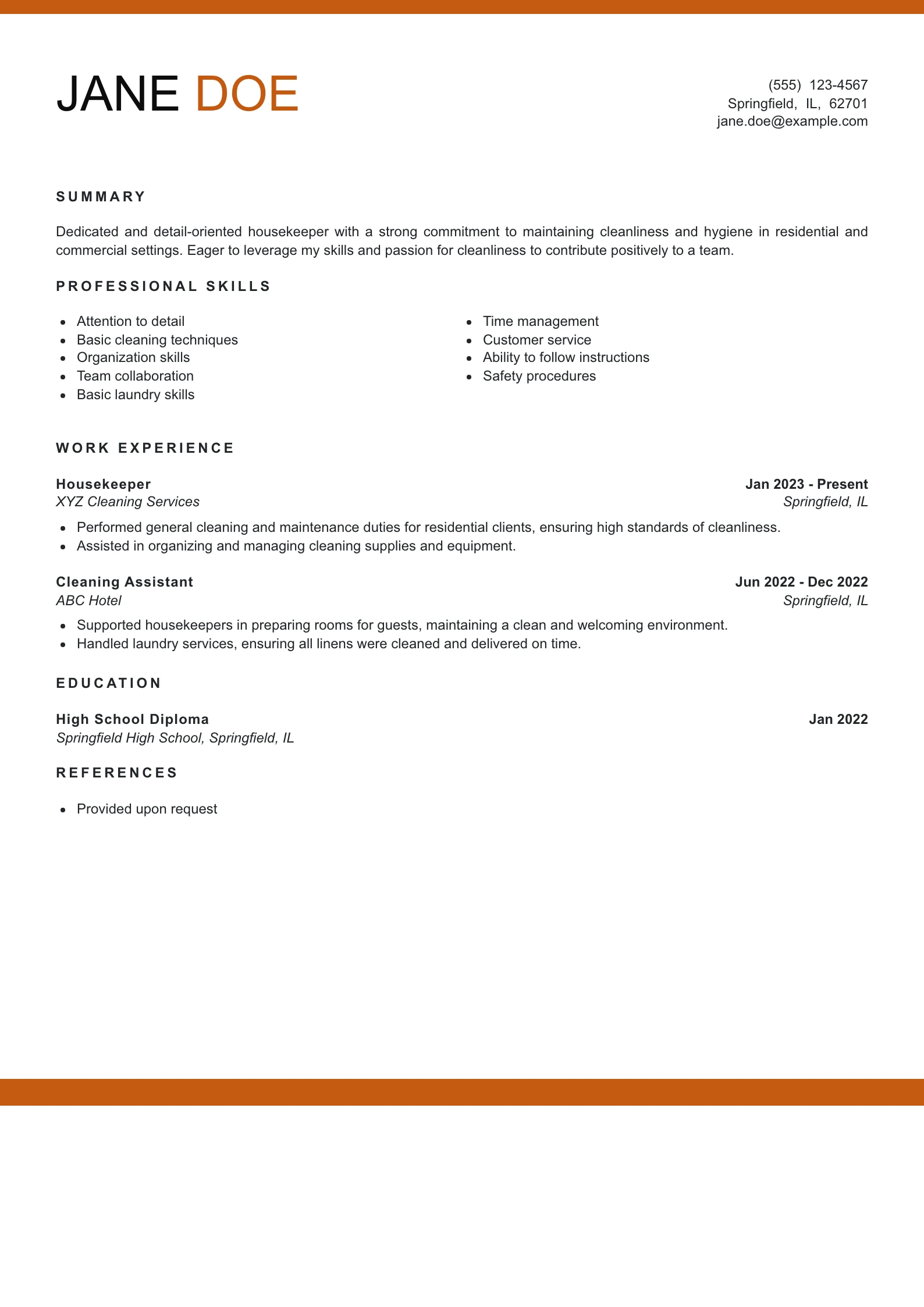 Entry Level Housekeeper Resume Example