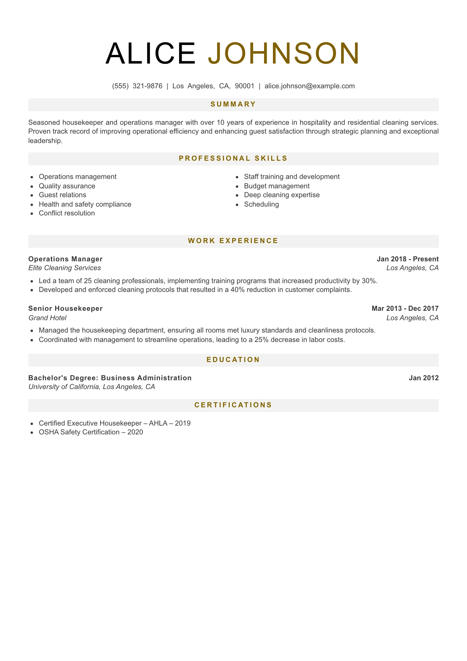 Senior Level Housekeeper Resume Example