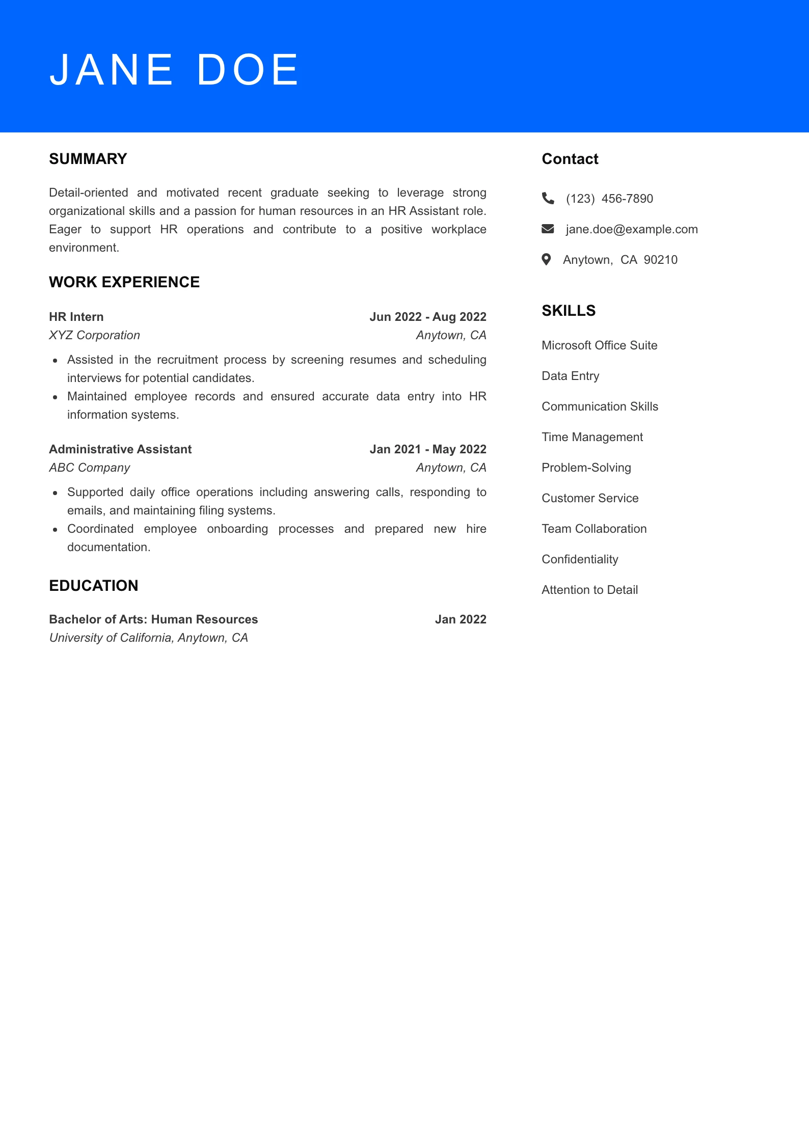 Selected HR Assistant Resume