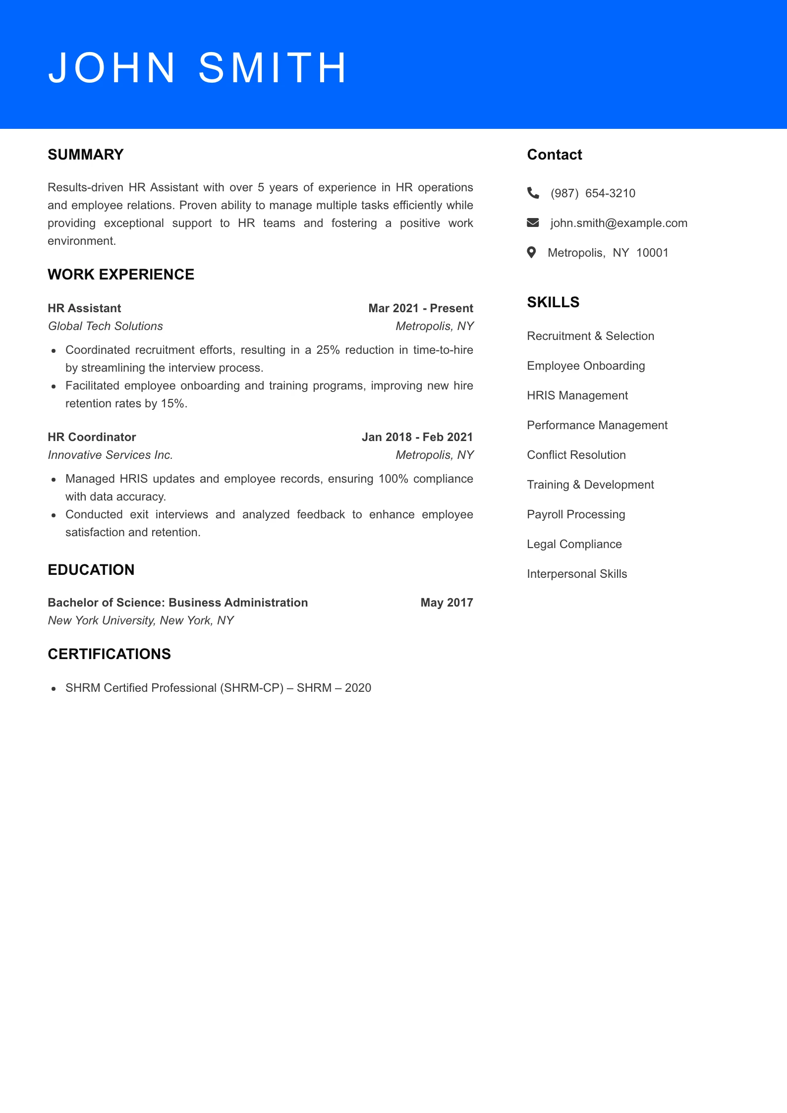 Mid Level HR Assistant Resume Sample